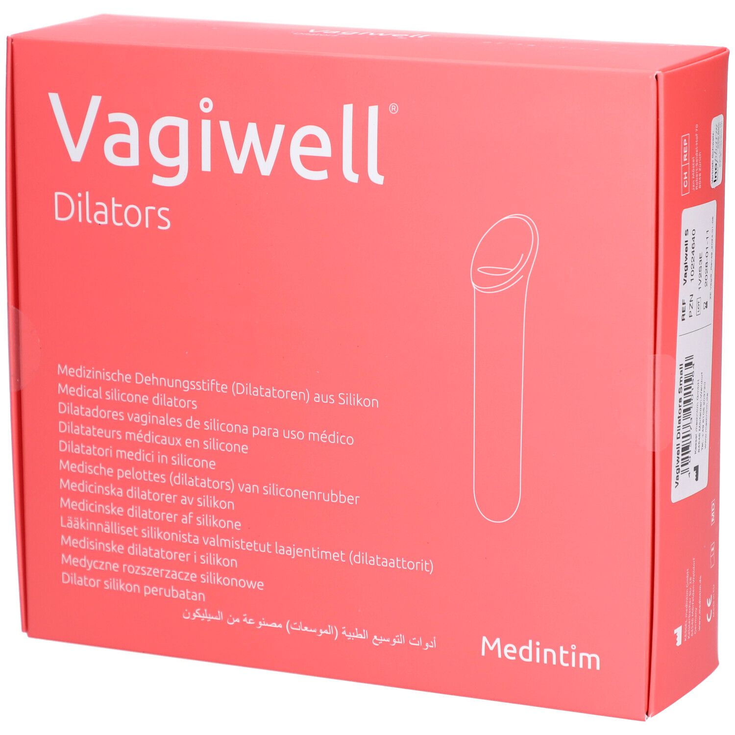 Verpackung von Vagiwell Dilatatoren. Rote Schachtel mit Produktname, Abbildung und mehrsprachigen Beschreibungen.