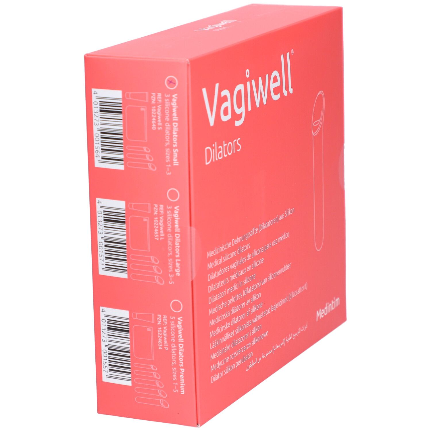 Rote Verpackung von Vagiwell Dilatatoren. Seitenansicht mit Produktname, Barcodes und mehrsprachigen Beschreibungen.