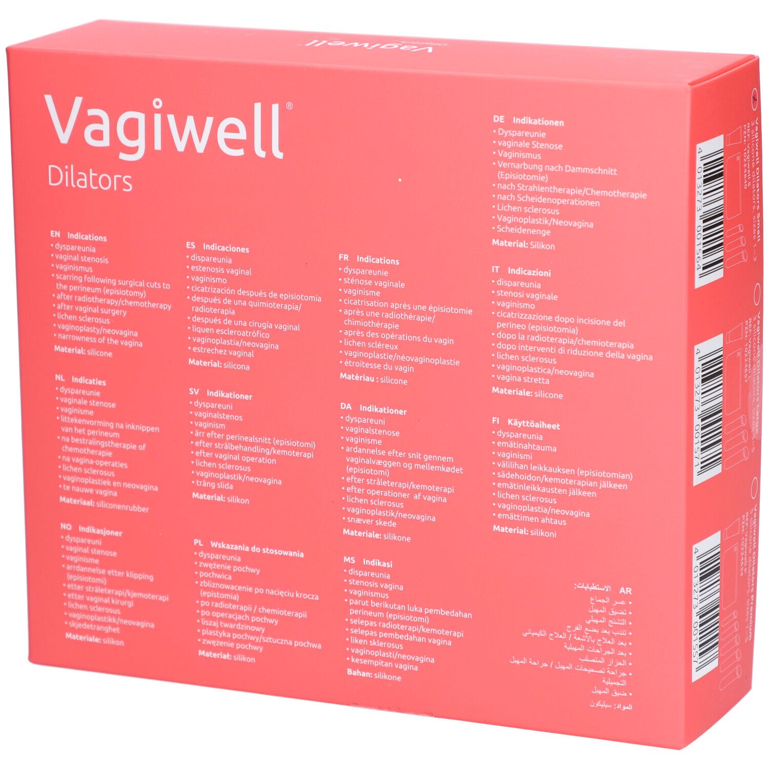 Rückseite der Vagiwell Dilatatoren Verpackung. Mehrsprachige Produktinformationen und Indikationen auf rotem Hintergrund.