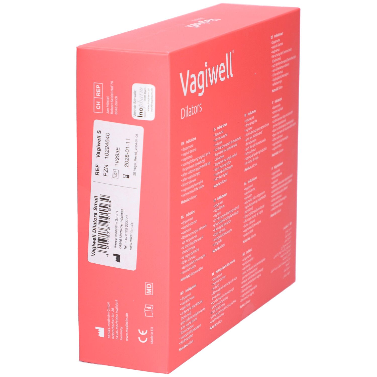 Seitenansicht der Vagiwell Dilatatoren Verpackung. Produktname, Referenznummer, Chargennummer und weitere Informationen.