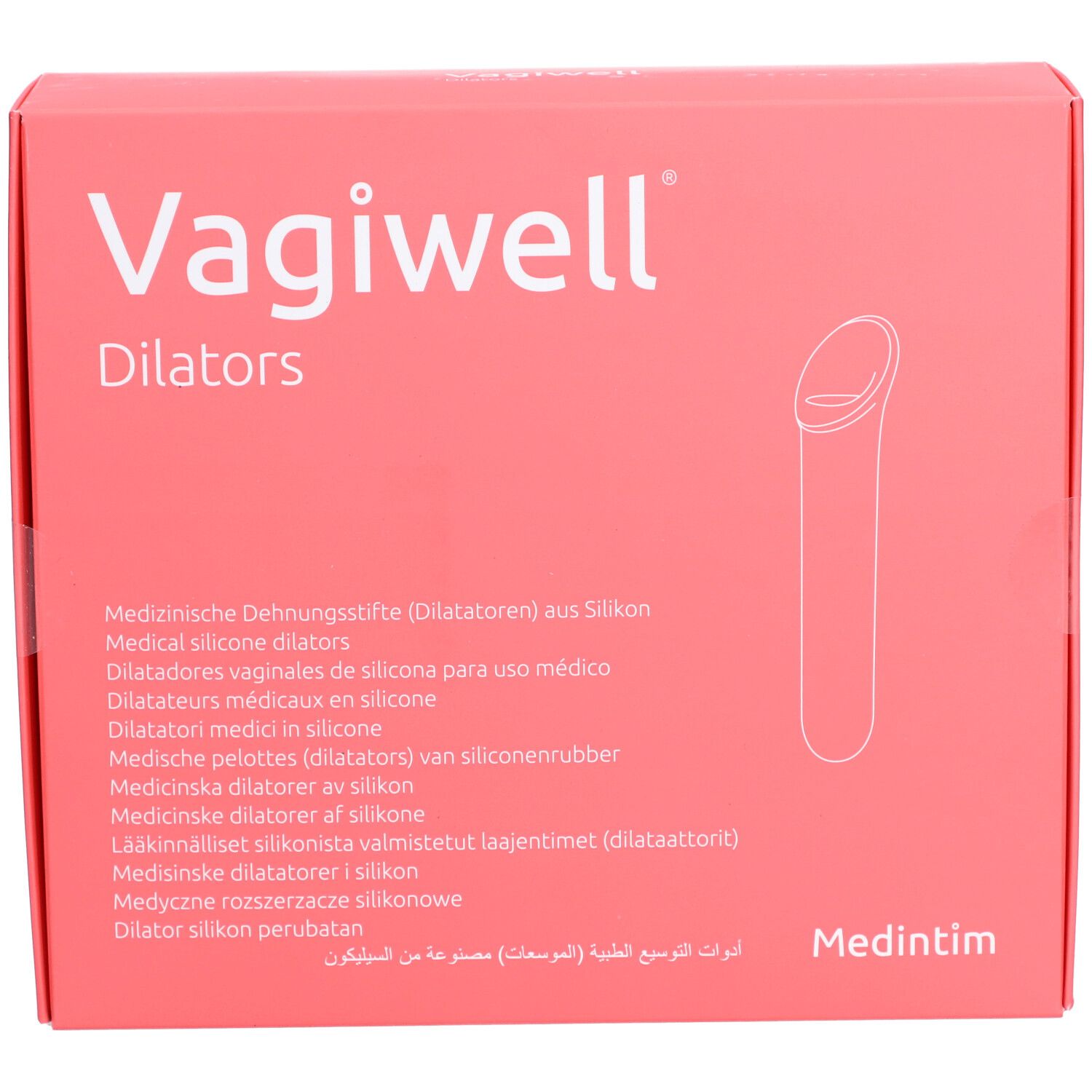 Vagiwell Dilatatoren Verpackung. Rote Schachtel mit Produktname, Abbildung und mehrsprachigen Beschreibungen.