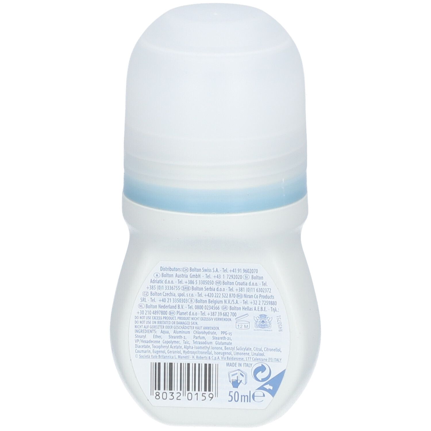 BOROTALCO Déodorant Roll-on. Rückansicht. Weißes Fläschchen mit blauer Linie. Mit Barcode und Informationen.
