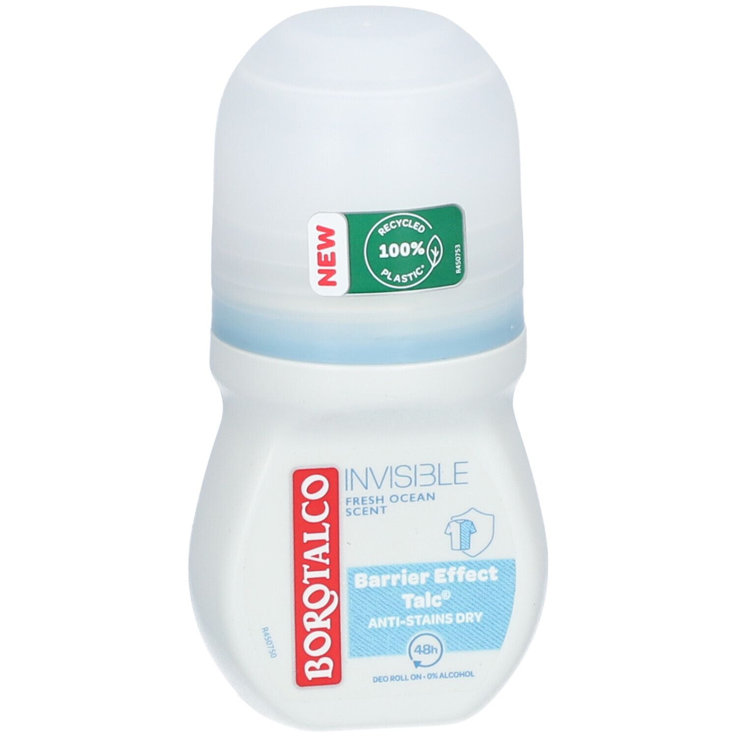 BOROTALCO Déodorant Roll-on. Weißes Fläschchen mit blauem Streifen. Aufschrift: INVISIBLE, Barrier Effect Talc, Anti-Stains Dry. Mit Recycling-Siegel.