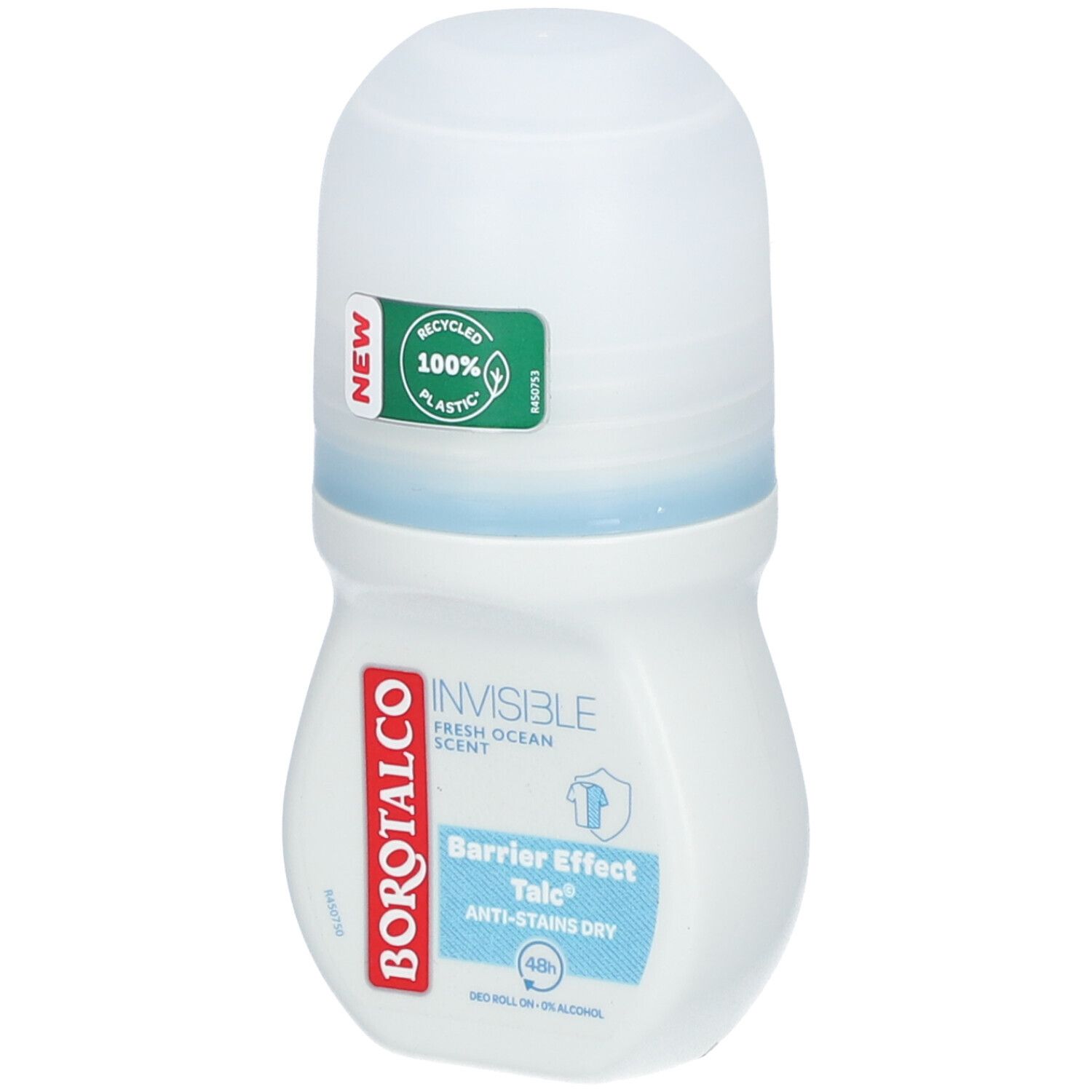 BOROTALCO Déodorant Roll-on. Weißes Fläschchen mit blauem Streifen. Aufschrift: INVISIBLE, Barrier Effect Talc, Anti-Stains Dry. Mit Recycling-Siegel.