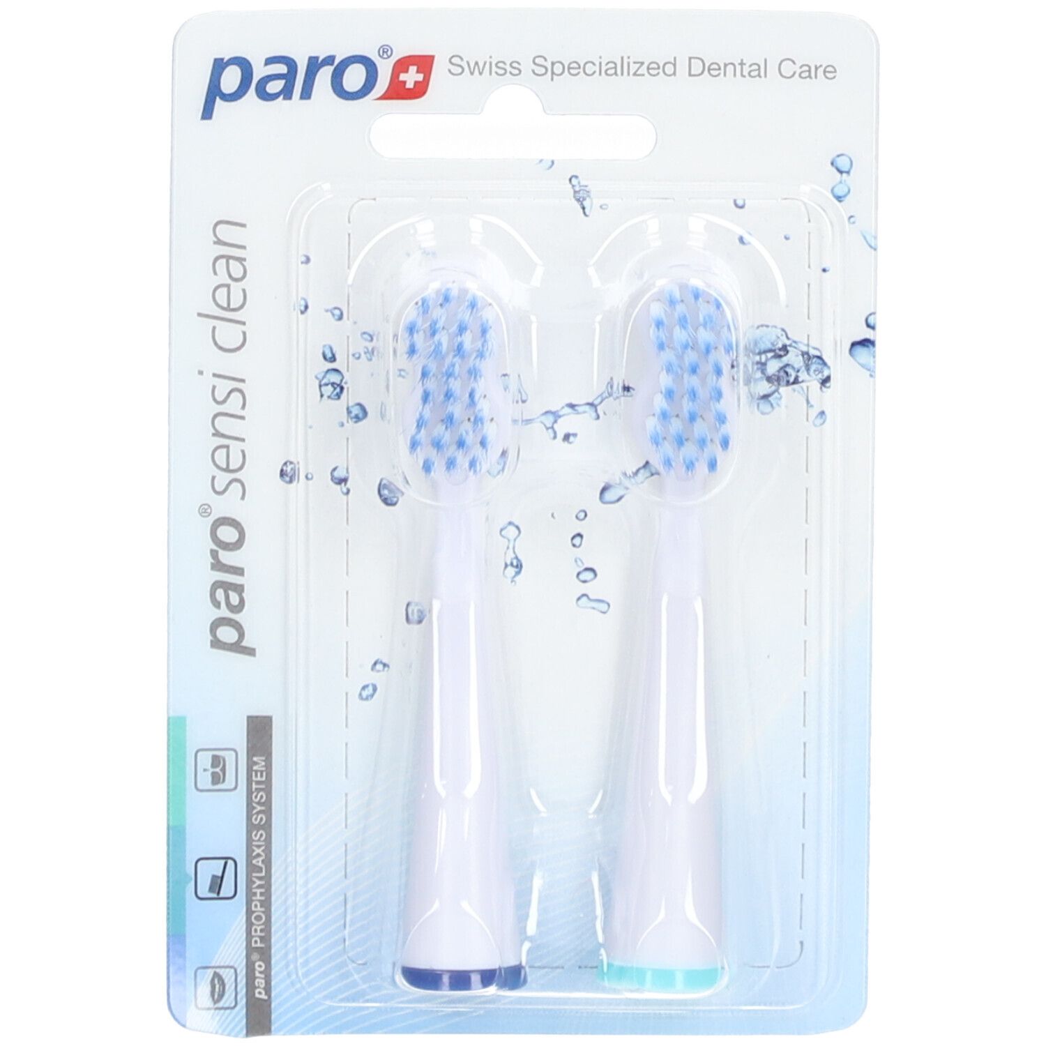 Zwei paro® Sensi Clean Ersatz-Zahnbürstenköpfe in Blisterverpackung.