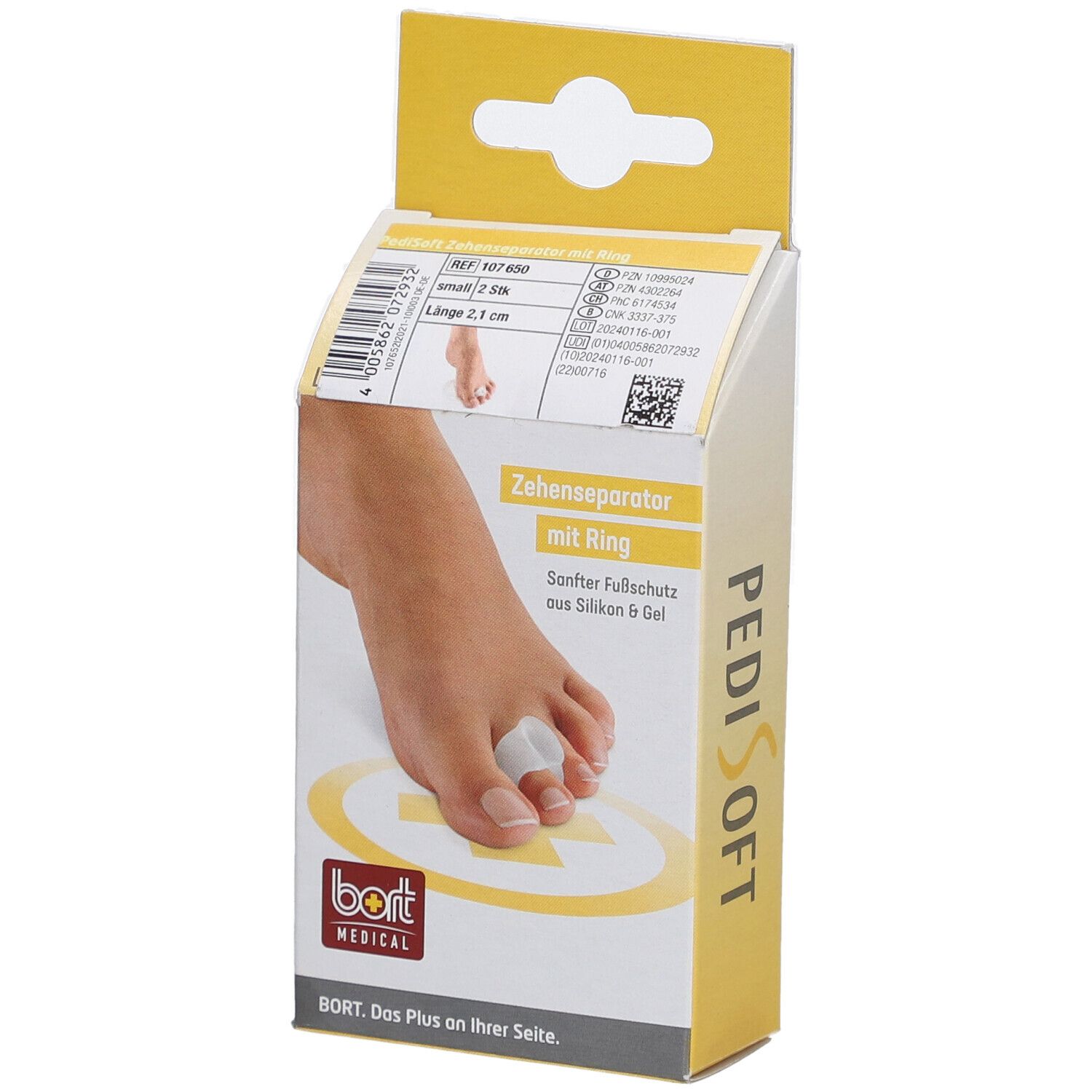 Emballage PediSoft Zehenseparator mit Ring. Pied avec séparateur d'orteils. Marque et nom du produit visibles.