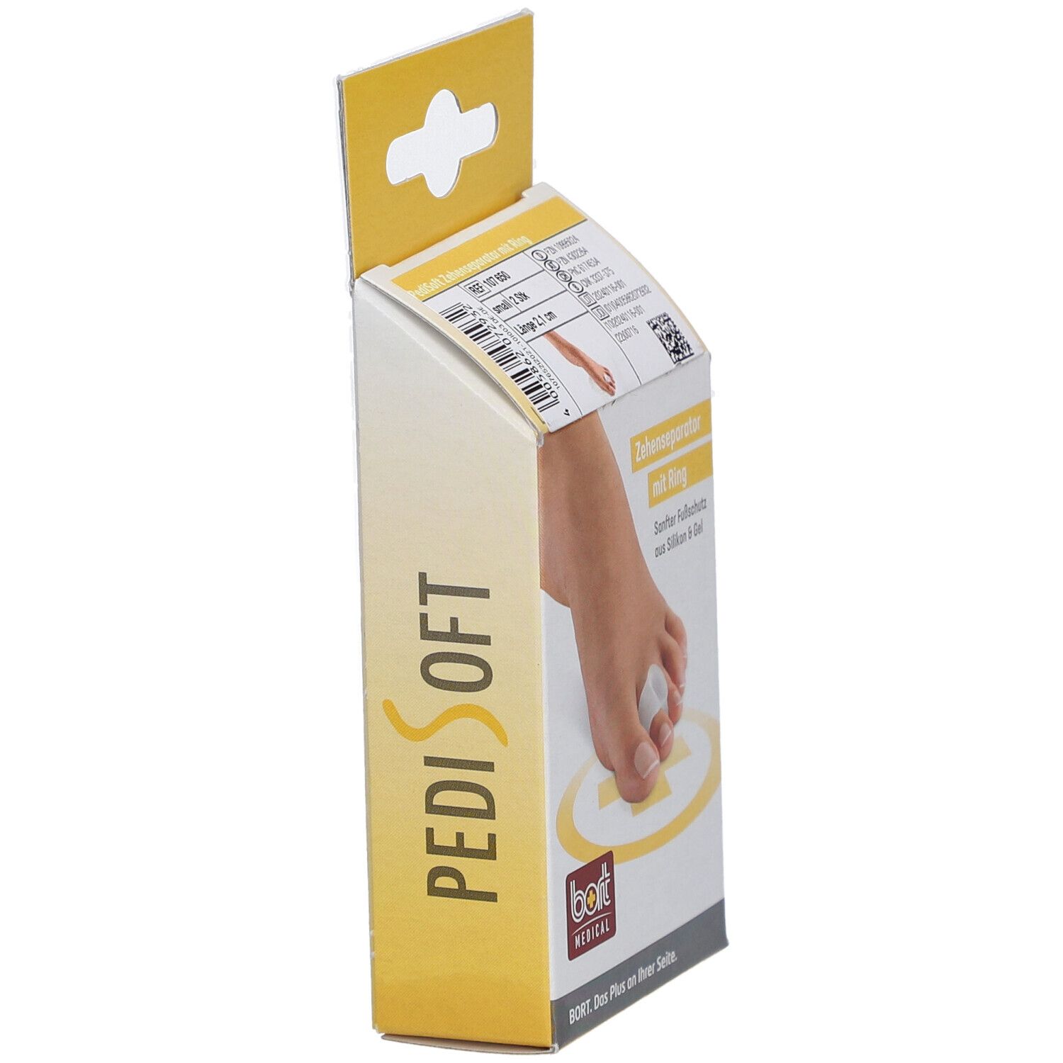 Vue latérale de l'emballage PediSoft Zehenseparator mit Ring. Nom du produit et marque visibles.