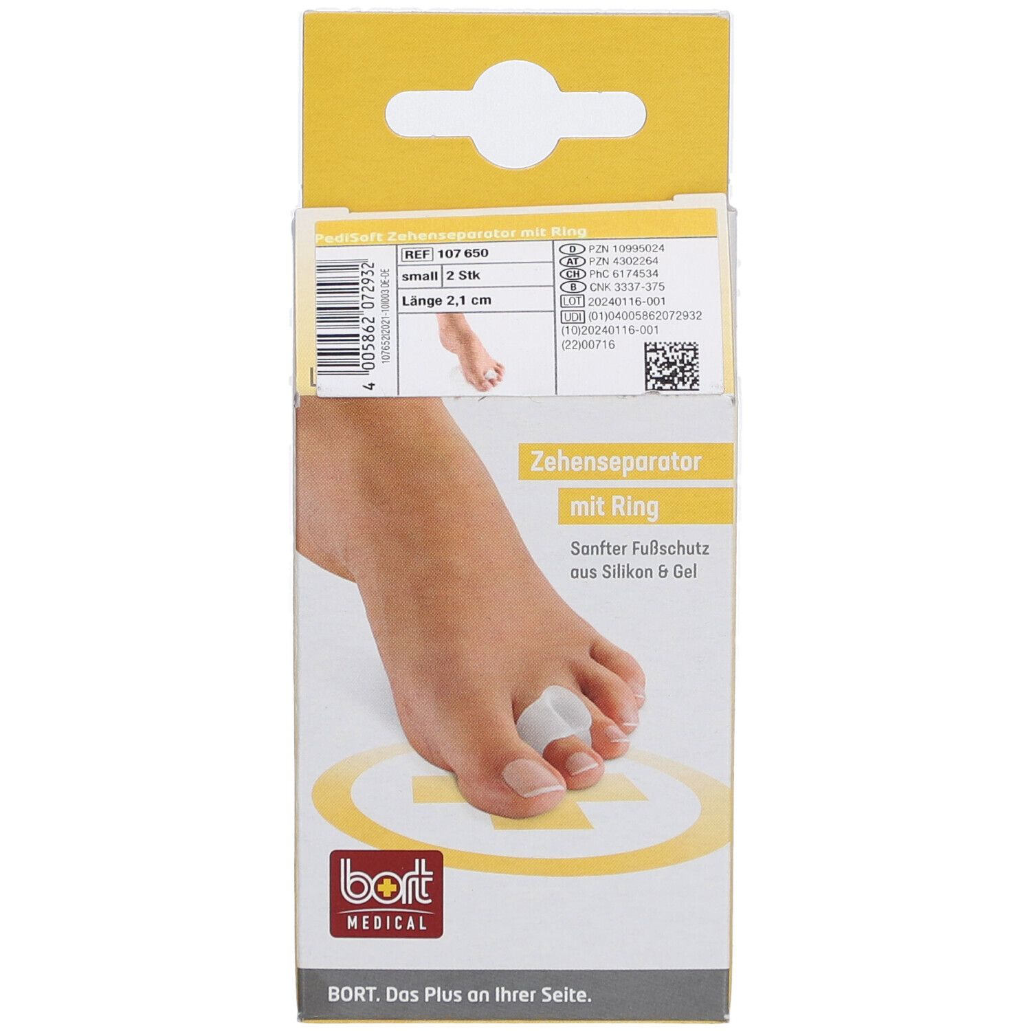 Emballage PediSoft Zehenseparator mit Ring. Pied avec séparateur d'orteils. Marque et nom du produit visibles.