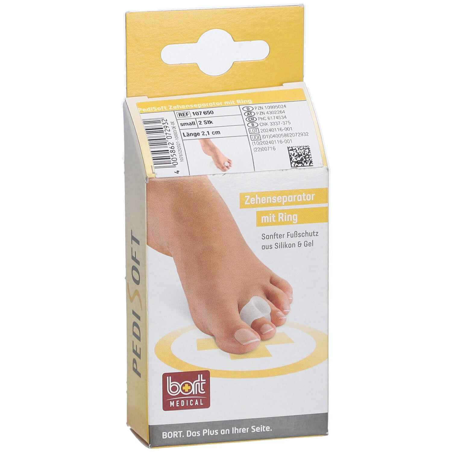 Emballage PediSoft Zehenseparator mit Ring. Pied avec séparateur d'orteils. Marque et nom du produit visibles.