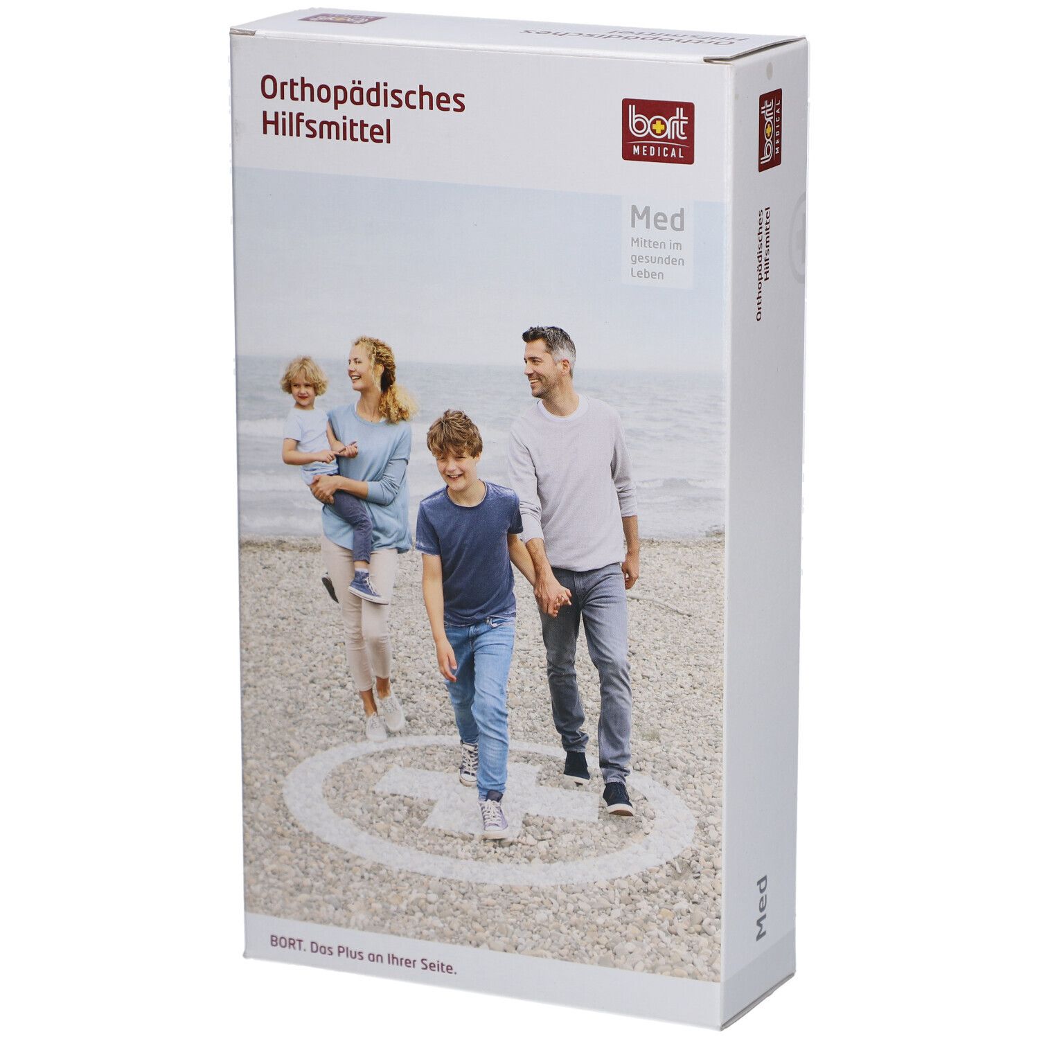 Produktverpackung mit Familie am Strand. Aufschrift: Orthopädisches Hilfsmittel. Marke: bort medical. Größe: Med.