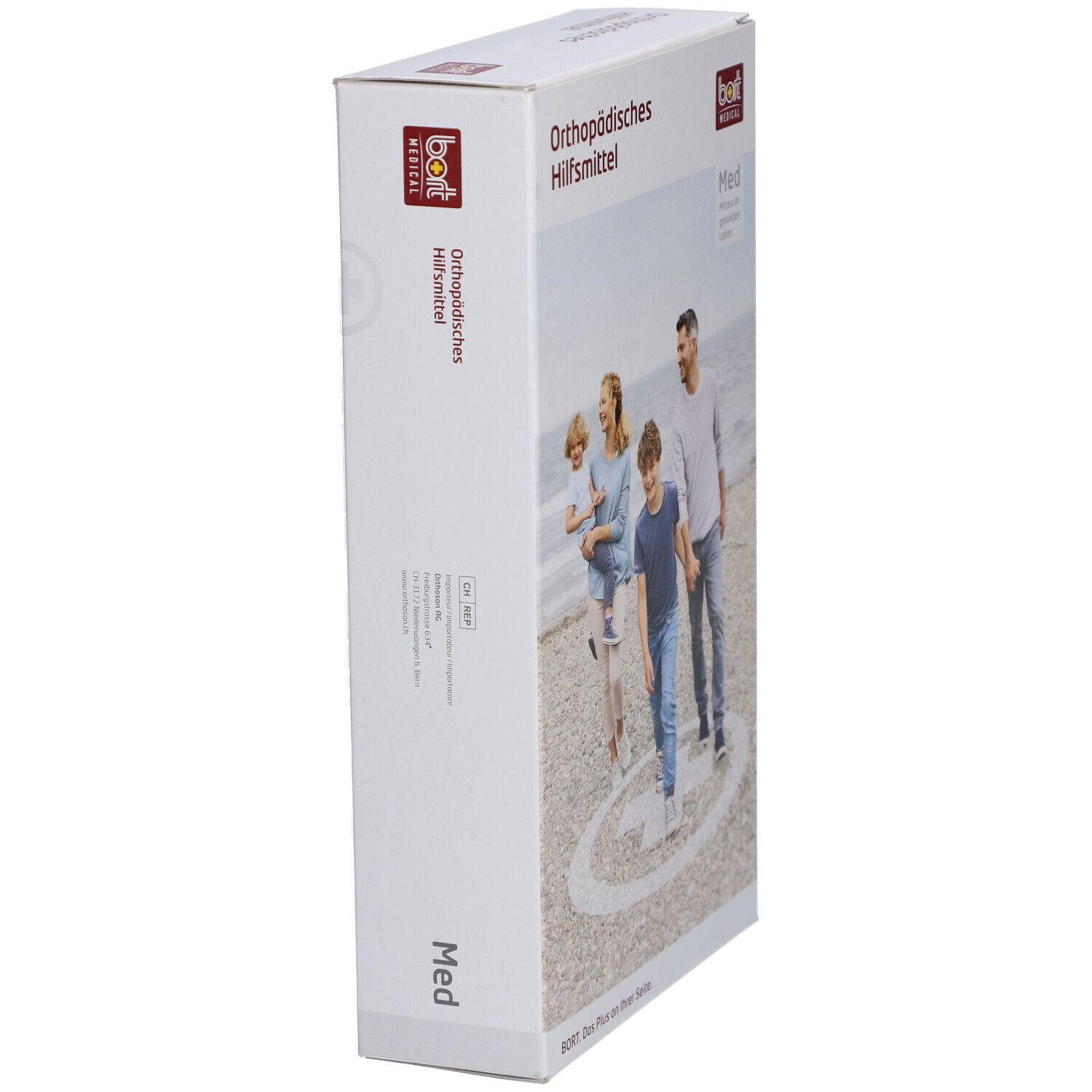 Produktverpackung, Seitenansicht. Aufschrift: Orthopädisches Hilfsmittel. Marke: bort medical. Größe: Med.