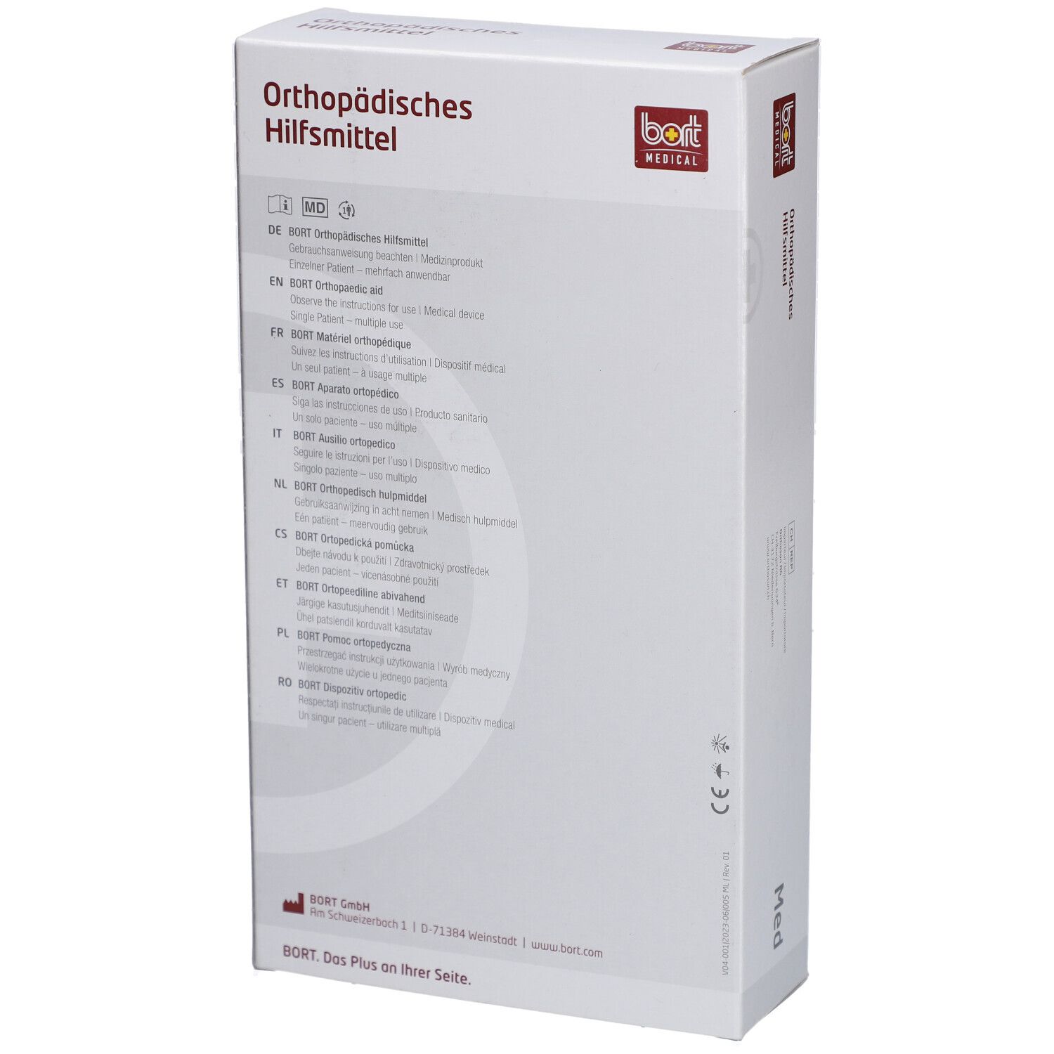 Produktverpackung, Rückseite mit Text in mehreren Sprachen. Marke: bort medical. Aufschrift: Orthopädisches Hilfsmittel.