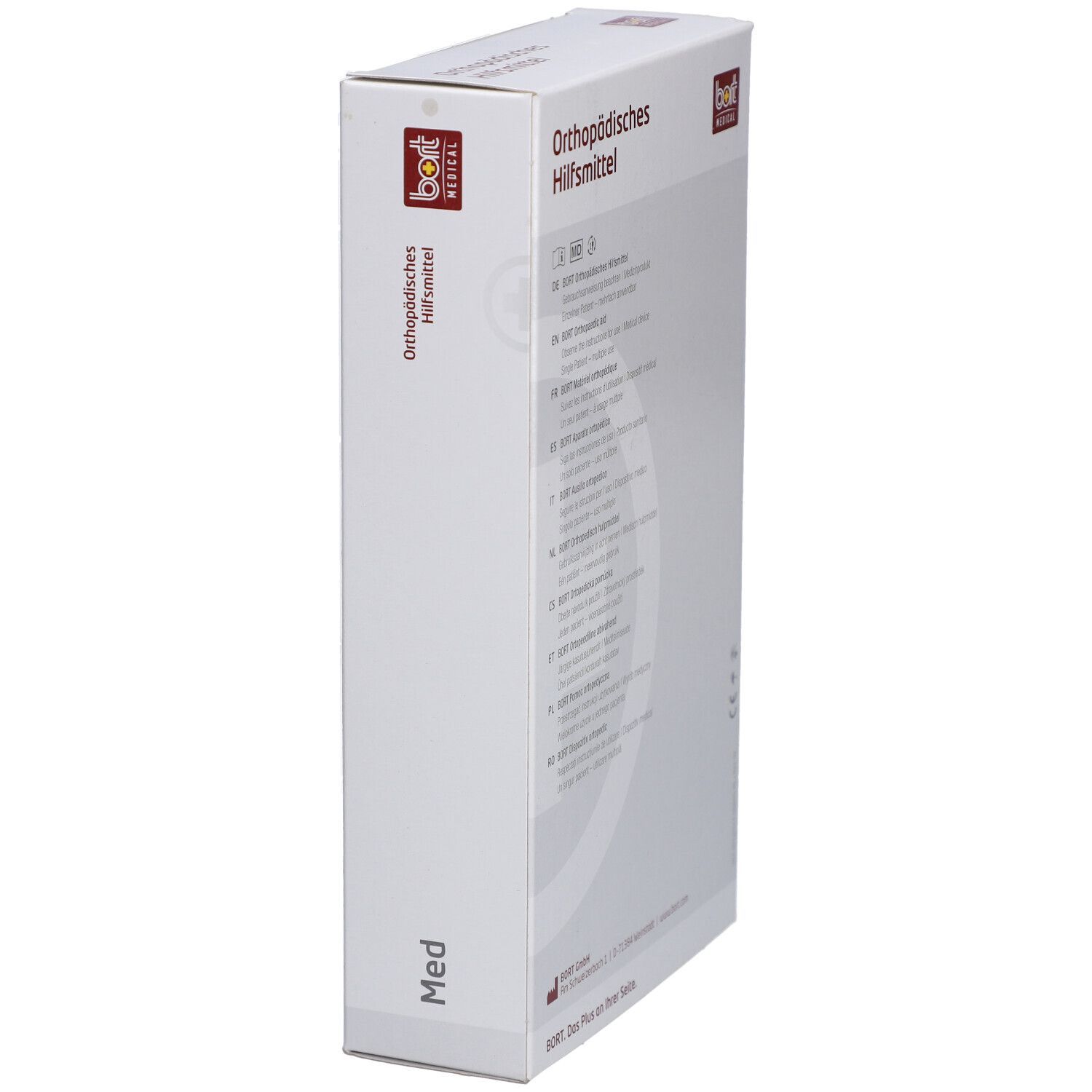 Produktverpackung, Seitenansicht. Aufschrift: Orthopädisches Hilfsmittel. Marke: bort medical. Größe: Med.