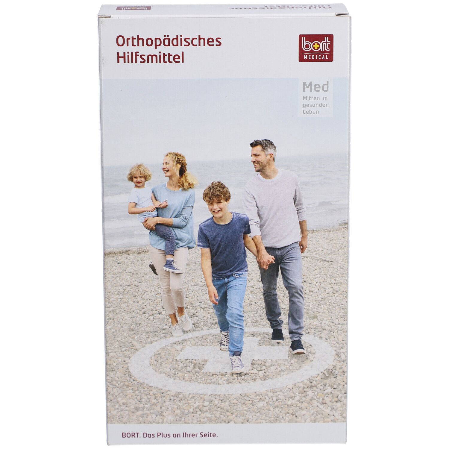 Produktverpackung mit Familie am Strand. Aufschrift: Orthopädisches Hilfsmittel. Marke: bort medical. Größe: Med.