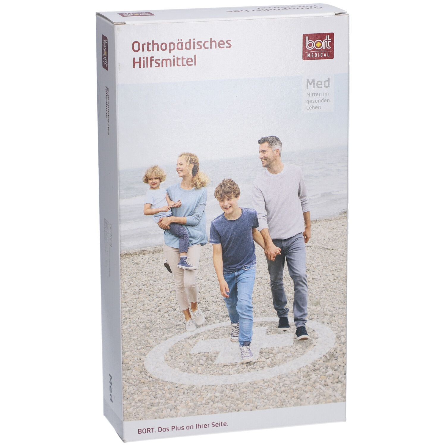 Produktverpackung mit Familie am Strand. Aufschrift: Orthopädisches Hilfsmittel. Marke: bort medical. Größe: Med.