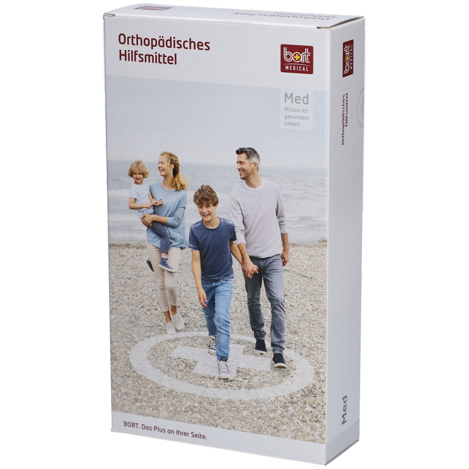 Produktverpackung mit Familie am Strand. Aufschrift: Orthopädisches Hilfsmittel. Marke: bort medical. Größe: Med.