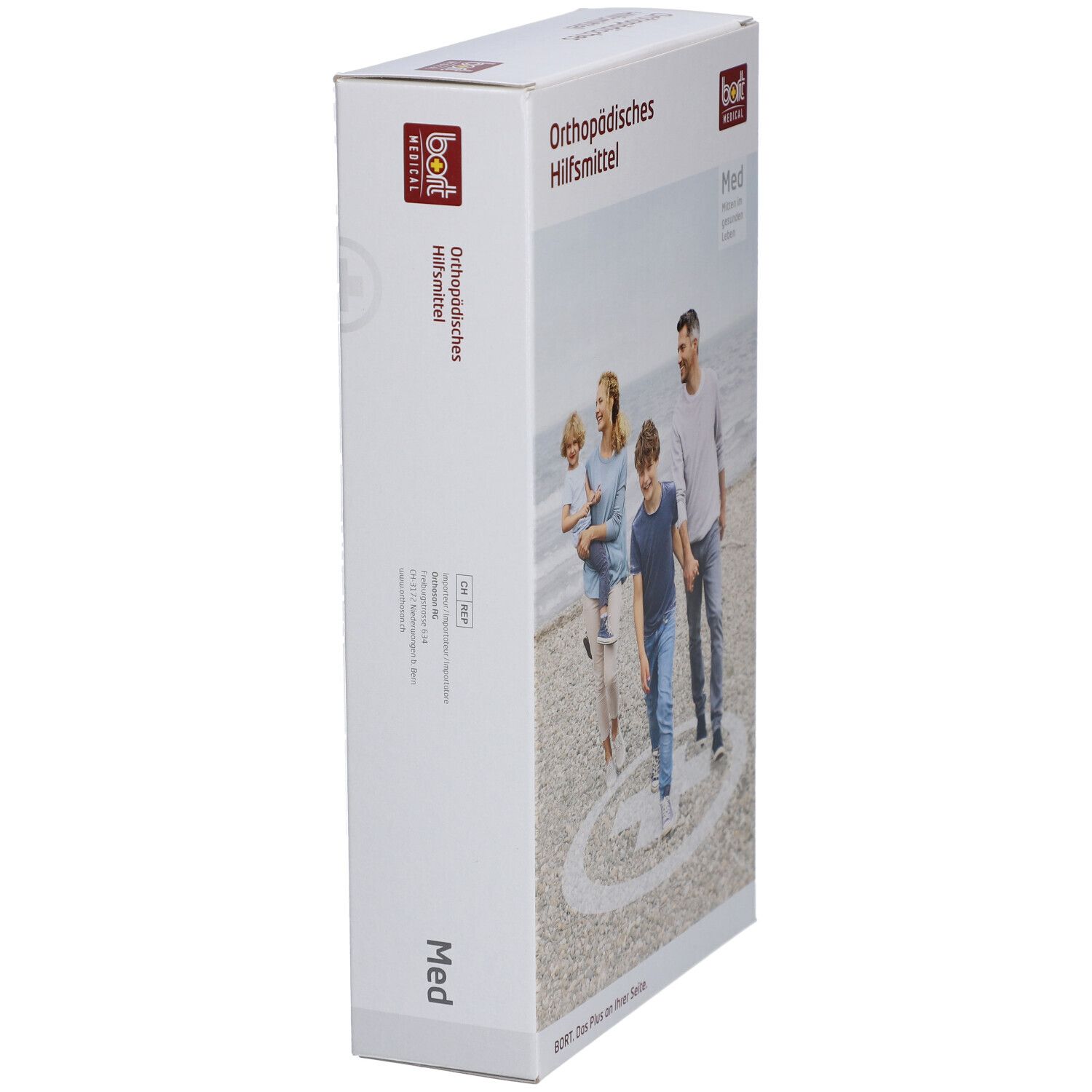Produktverpackung, weiß, mit Familie am Strand. Aufschrift: Orthopädisches Hilfsmittel. Marke: bort medical. Größe: Med.