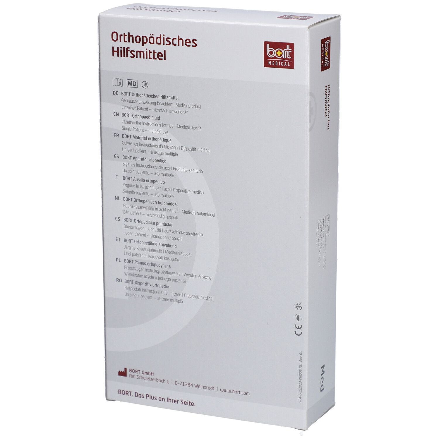 Produktverpackung, weiß, mit Text in verschiedenen Sprachen. Aufschrift: Orthopädisches Hilfsmittel. Marke: bort medical. Größe: Med.