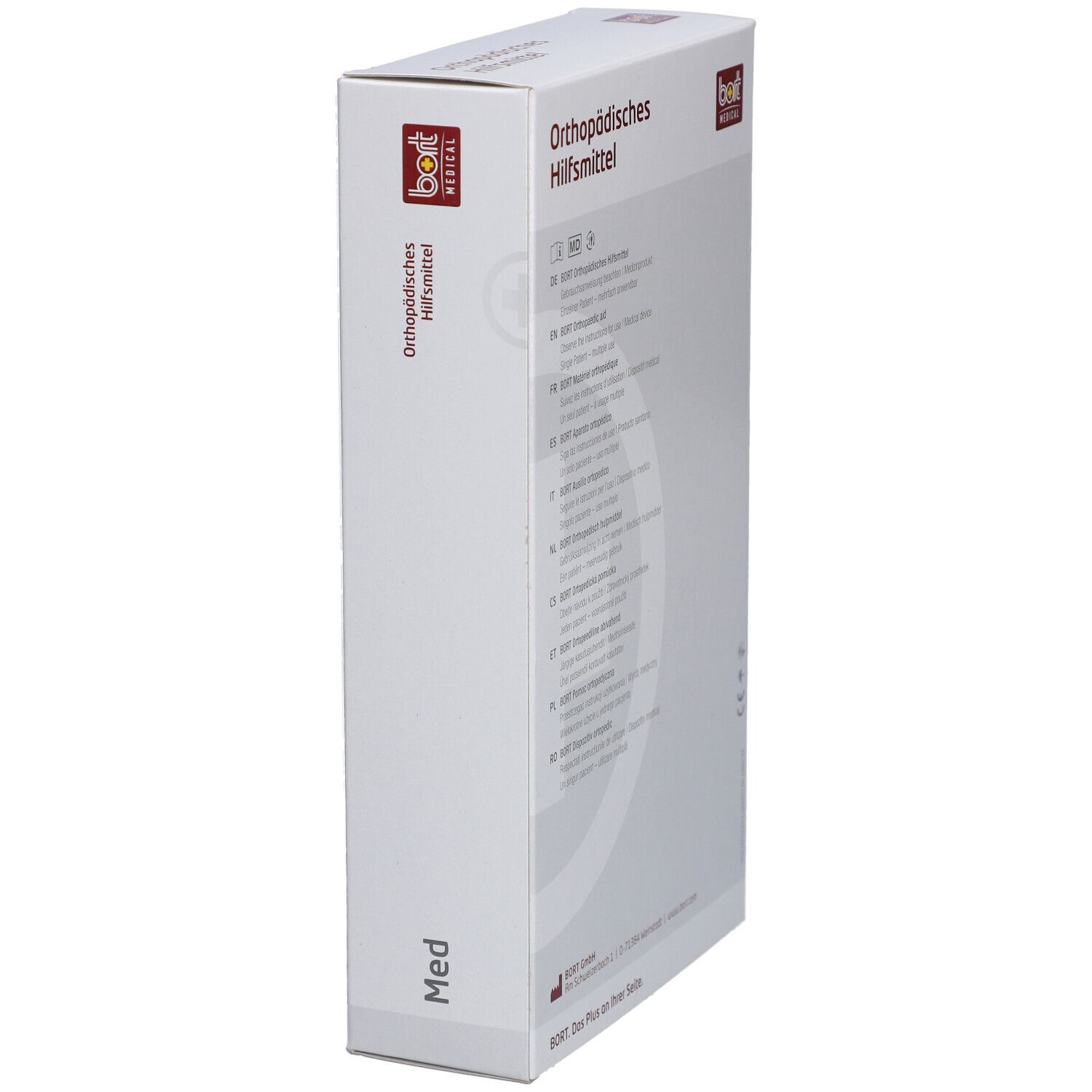 Produktverpackung, weiß, mit Symbolen. Aufschrift: Orthopädisches Hilfsmittel. Marke: bort medical. Größe: Med.