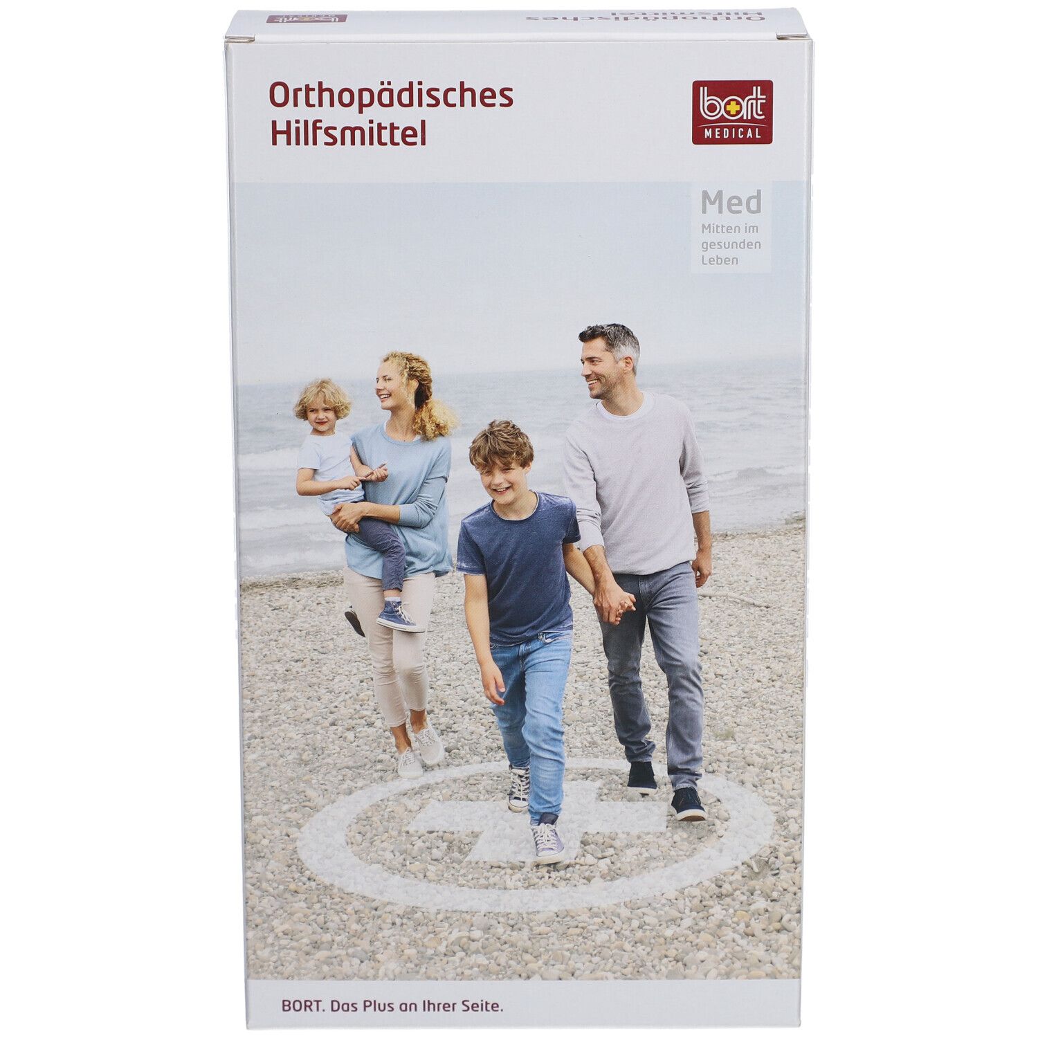 Produktverpackung mit Familie am Strand. Aufschrift: Orthopädisches Hilfsmittel. Marke: bort medical. Größe: Med.