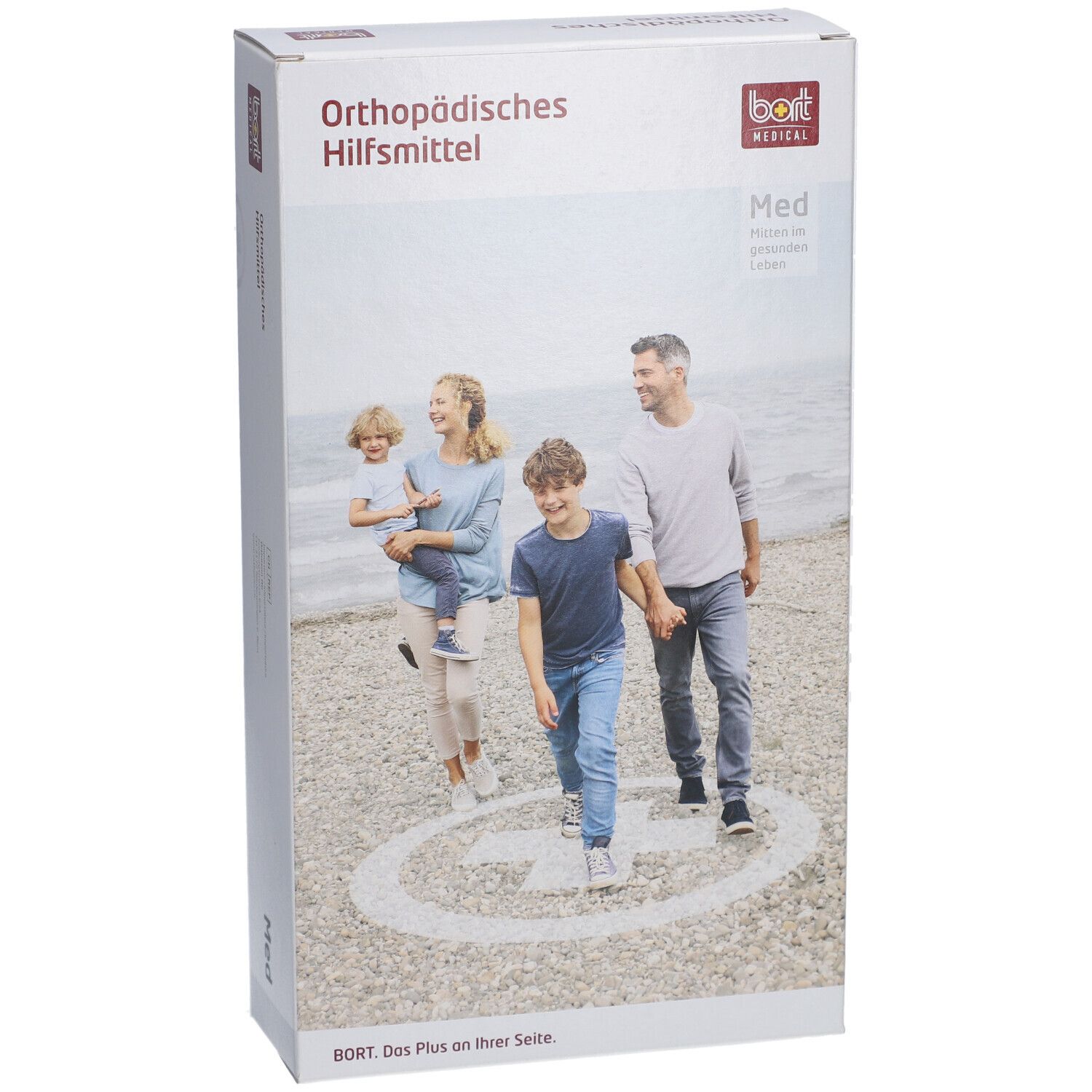 Produktverpackung mit Familie am Strand. Aufschrift: Orthopädisches Hilfsmittel. Marke: bort medical. Größe: Med.