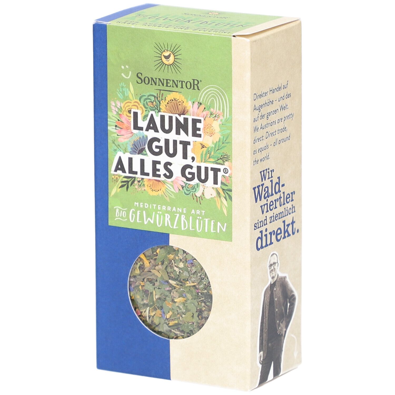 Karton mit Gewürzblüten. Aufschrift: Laune gut, alles gut. Sichtfenster mit Inhalt. Logo Sonnentor.