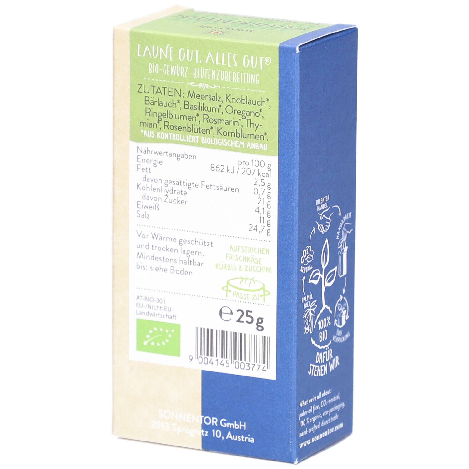Verpackung mit Zutatenliste und Nährwertangaben. Aufschrift: Laune gut, alles gut. Bio-Siegel. Inhalt: 25g.