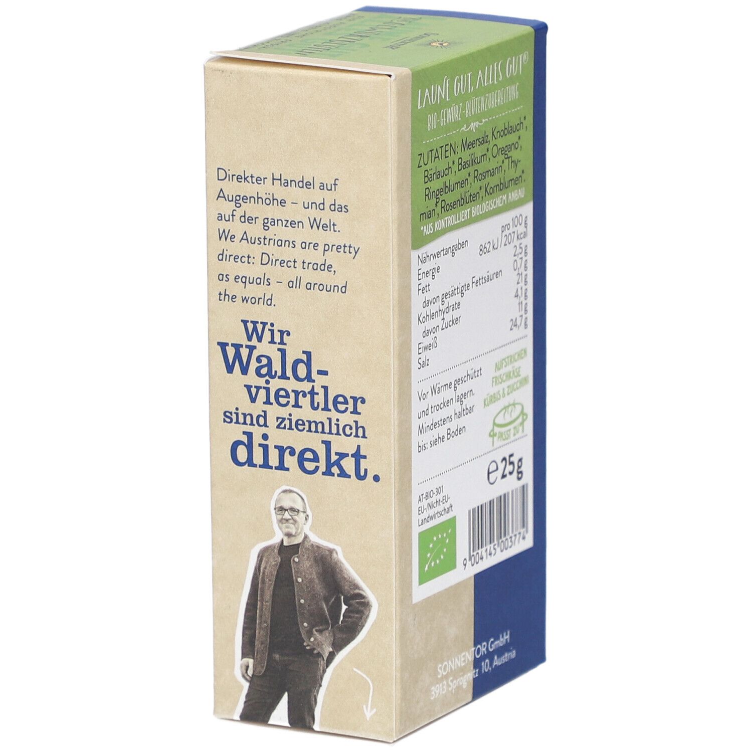 Verpackung mit Text und Abbildung einer Person. Aufschrift: Laune gut, alles gut. Logo Sonnentor. Bio-Siegel.