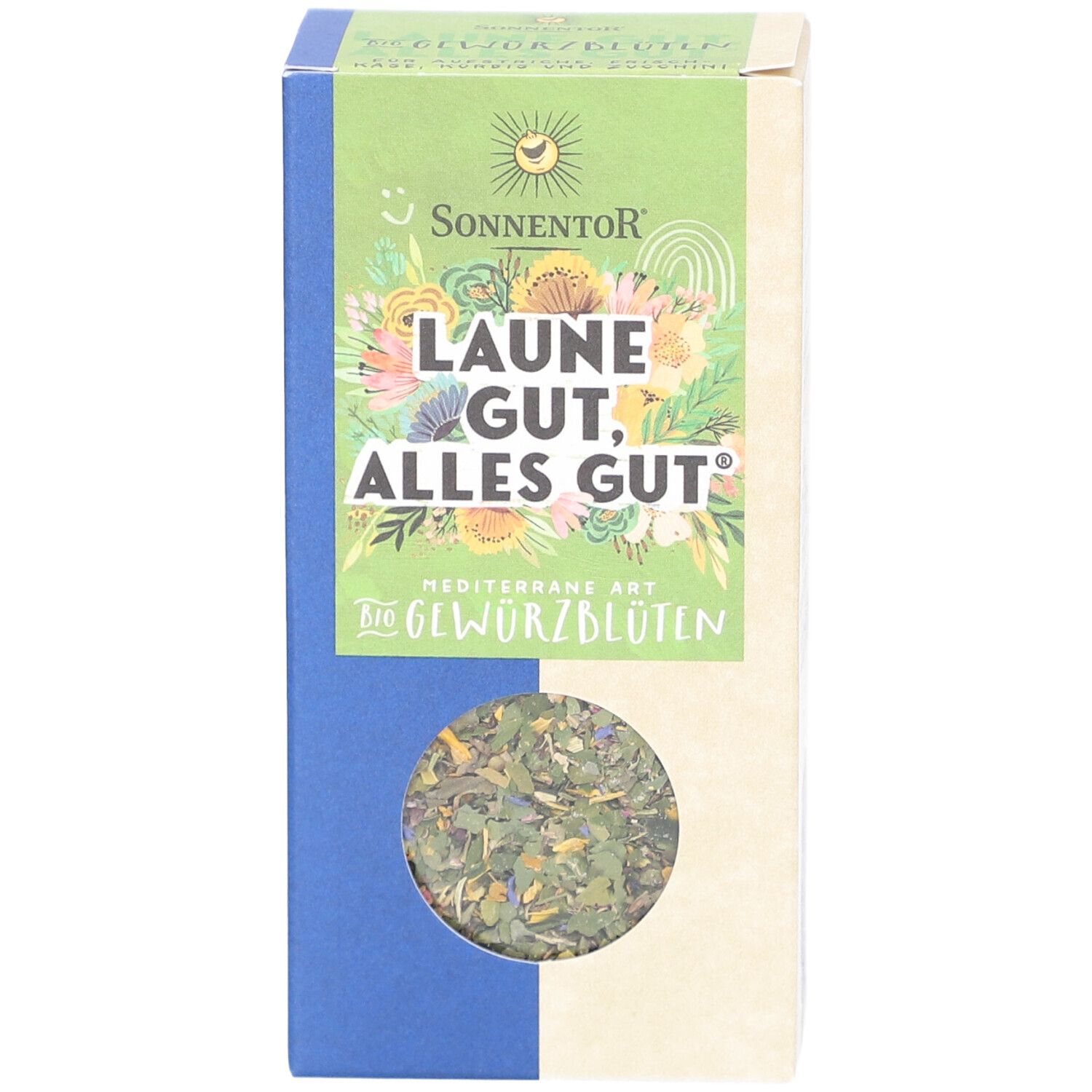 Karton mit Gewürzblüten. Aufschrift: Laune gut, alles gut. Sichtfenster mit Inhalt. Logo Sonnentor.