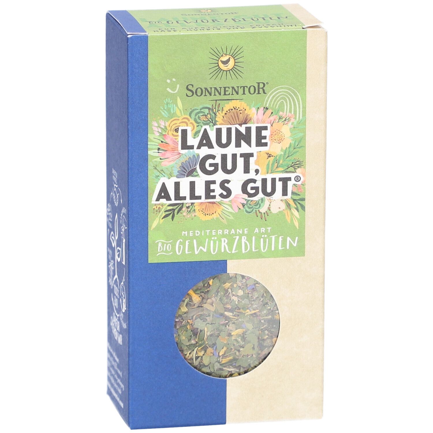 Karton mit Gewürzblüten. Aufschrift: Laune gut, alles gut. Sichtfenster mit Inhalt. Logo Sonnentor.