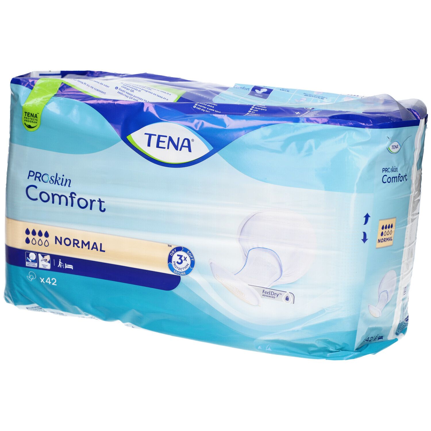 Verpackung von TENA ProSkin Comfort Normal. Blaue Verpackung mit Produktbezeichnung und Saugstärken-Indikator. Enthält 42 Stück.
