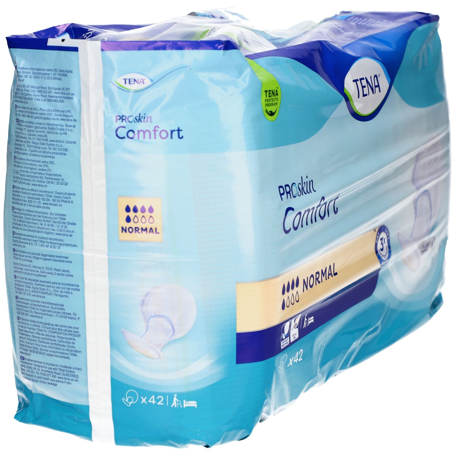 Verpackung von TENA ProSkin Comfort Normal. Blaue Verpackung, Produktname und Saugstärken-Indikator sichtbar. Enthält 42 Stück.
