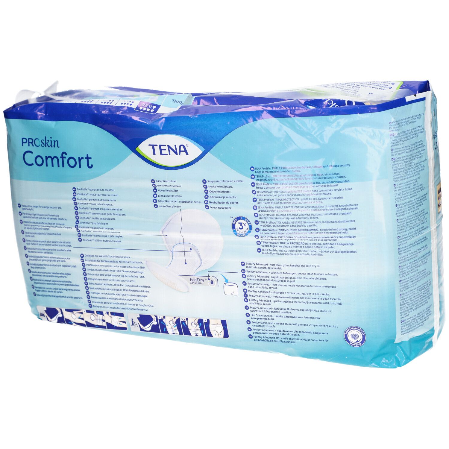 Rückseite der Verpackung von TENA ProSkin Comfort. Blaue Verpackung mit Produktinformationen und Illustrationen. Text in mehreren Sprachen.