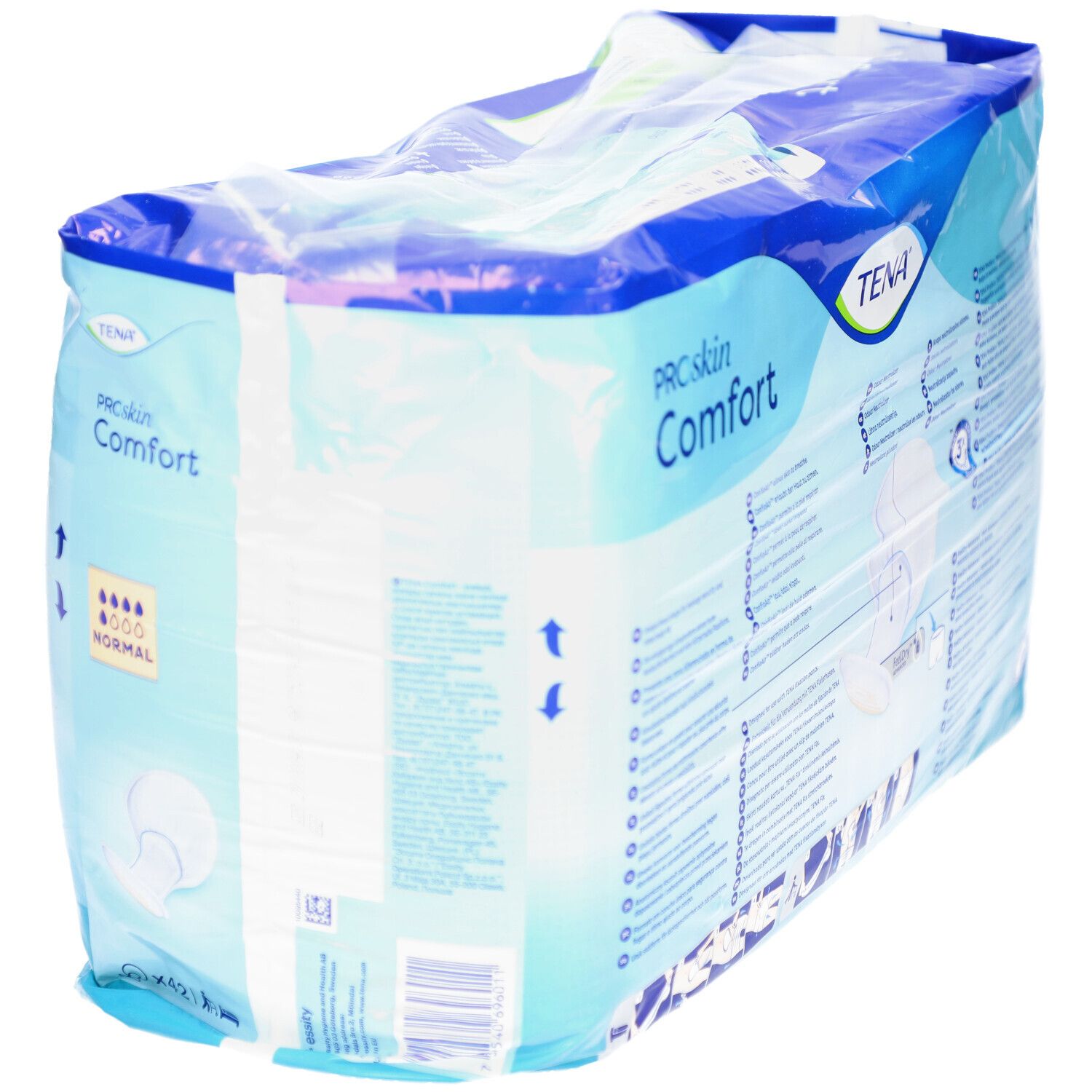 Verpackung von TENA ProSkin Comfort Normal. Blaue Verpackung, Produktname und Saugstärken-Indikator. Enthält 42 Stück.