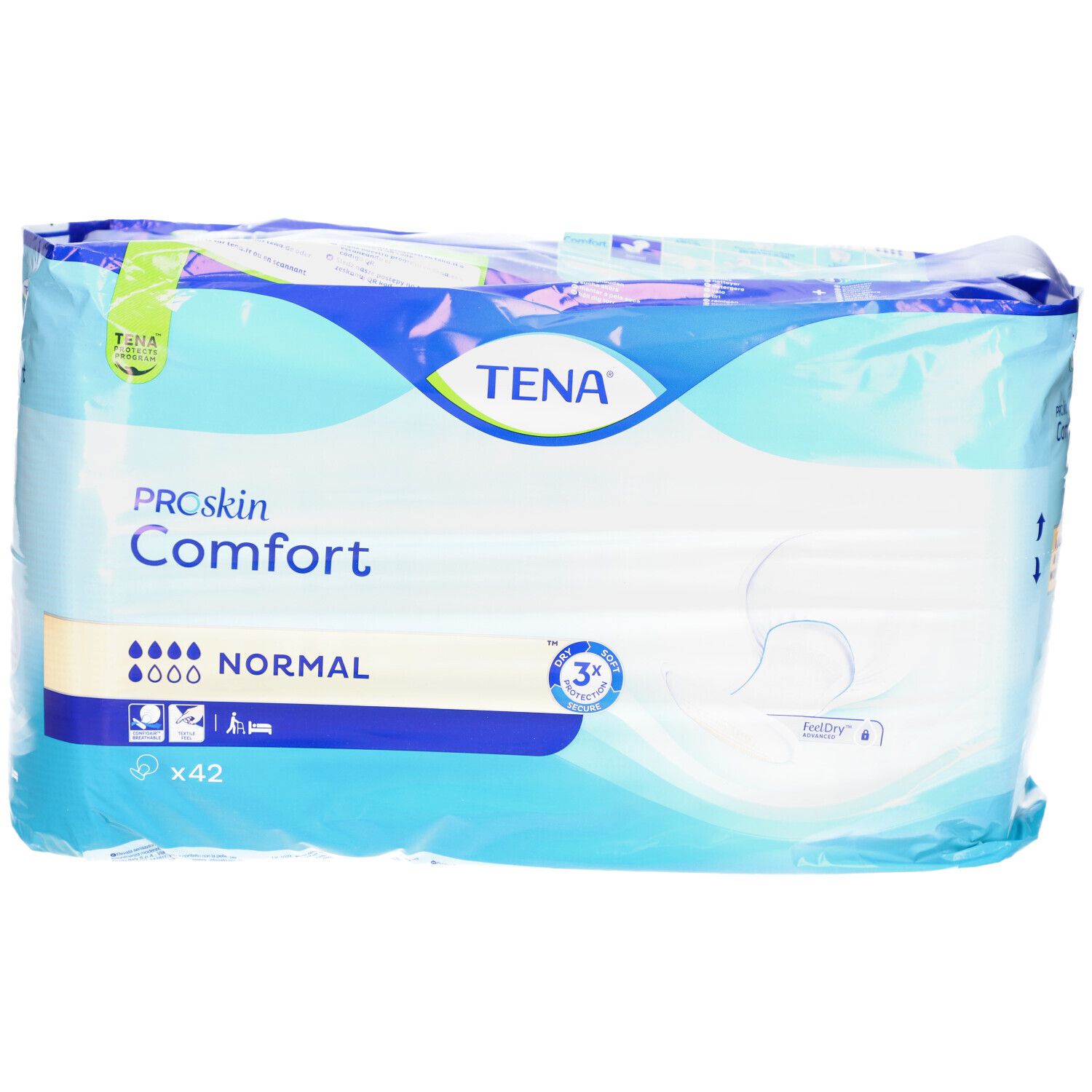 Verpackung von TENA ProSkin Comfort Normal. Blaue Verpackung mit Produktbezeichnung und Saugstärken-Indikator. Enthält 42 Stück.
