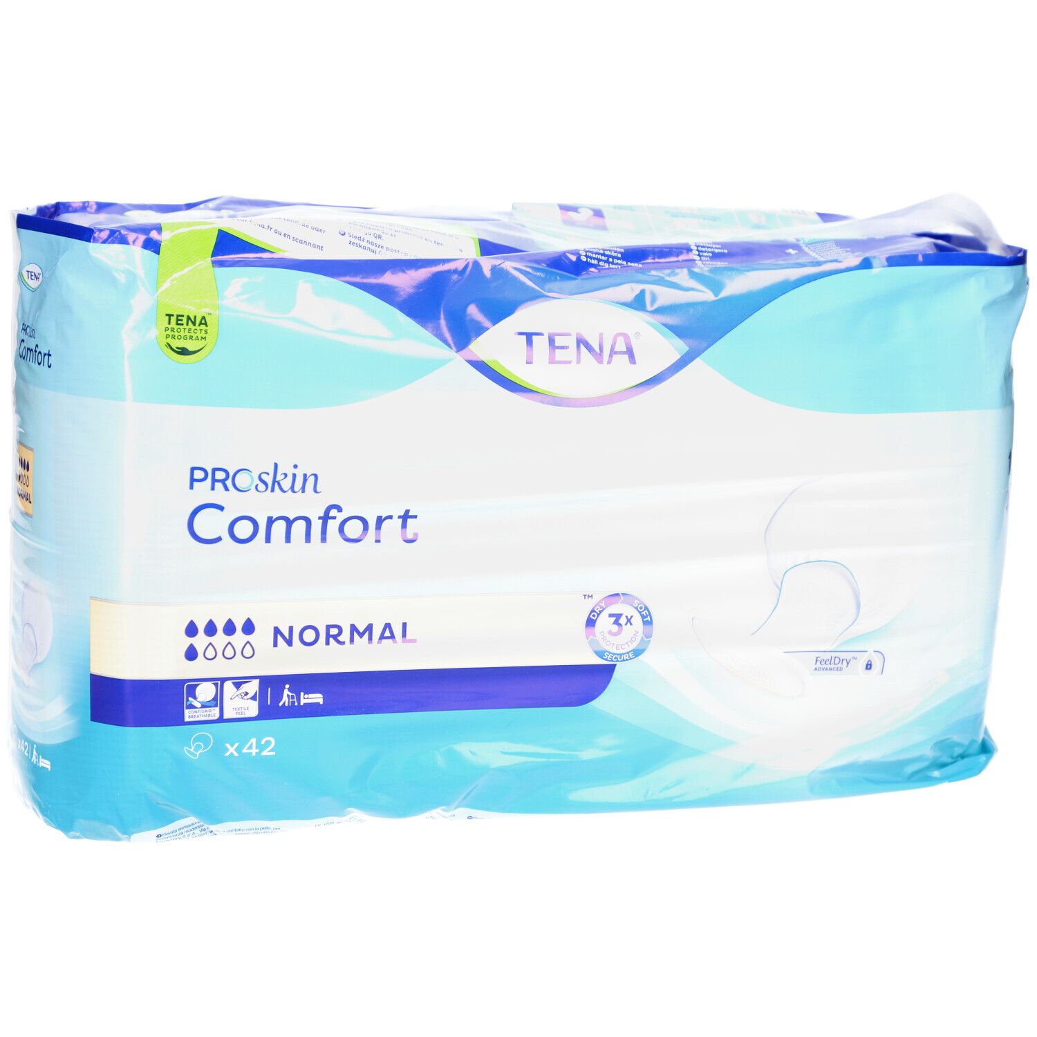 Verpackung von TENA ProSkin Comfort Normal. Blaue Verpackung mit Produktbezeichnung und Saugstärken-Indikator. Enthält 42 Stück.