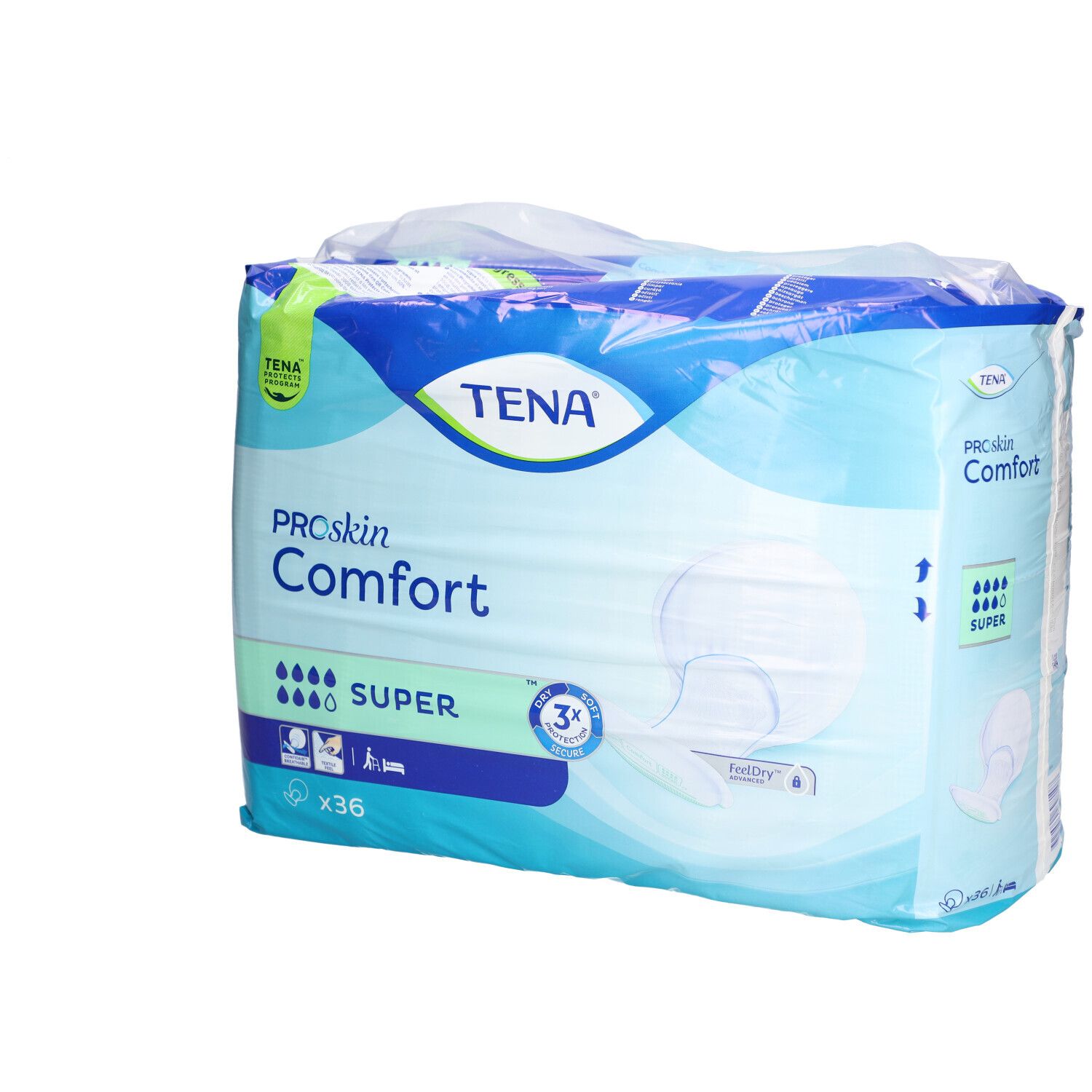 Verpackung von TENA ProSkin Comfort Super. Blaue Verpackung mit Produktbezeichnung und Saugstärken-Indikator. Enthält 36 Stück.