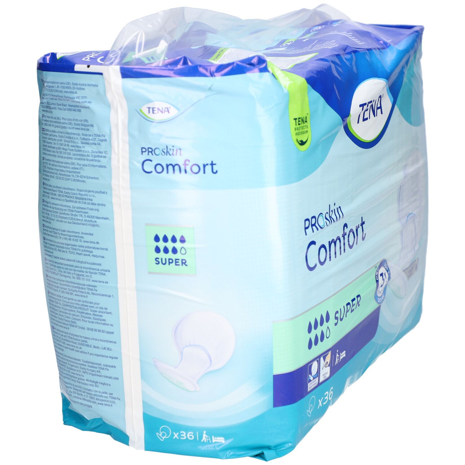 Verpackung von TENA ProSkin Comfort Super. Blaue Verpackung mit Produktbezeichnung und Saugstärken-Indikator. Enthält 36 Stück.