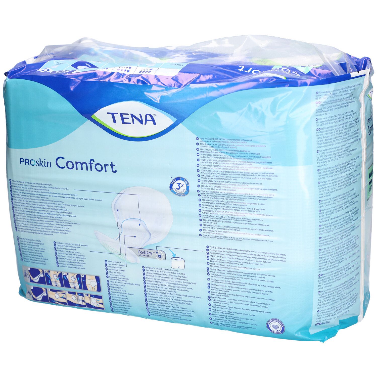 Verpackung von TENA ProSkin Comfort Super. Blaue Verpackung mit Produktbezeichnung und Saugstärken-Indikator. Enthält 36 Stück.