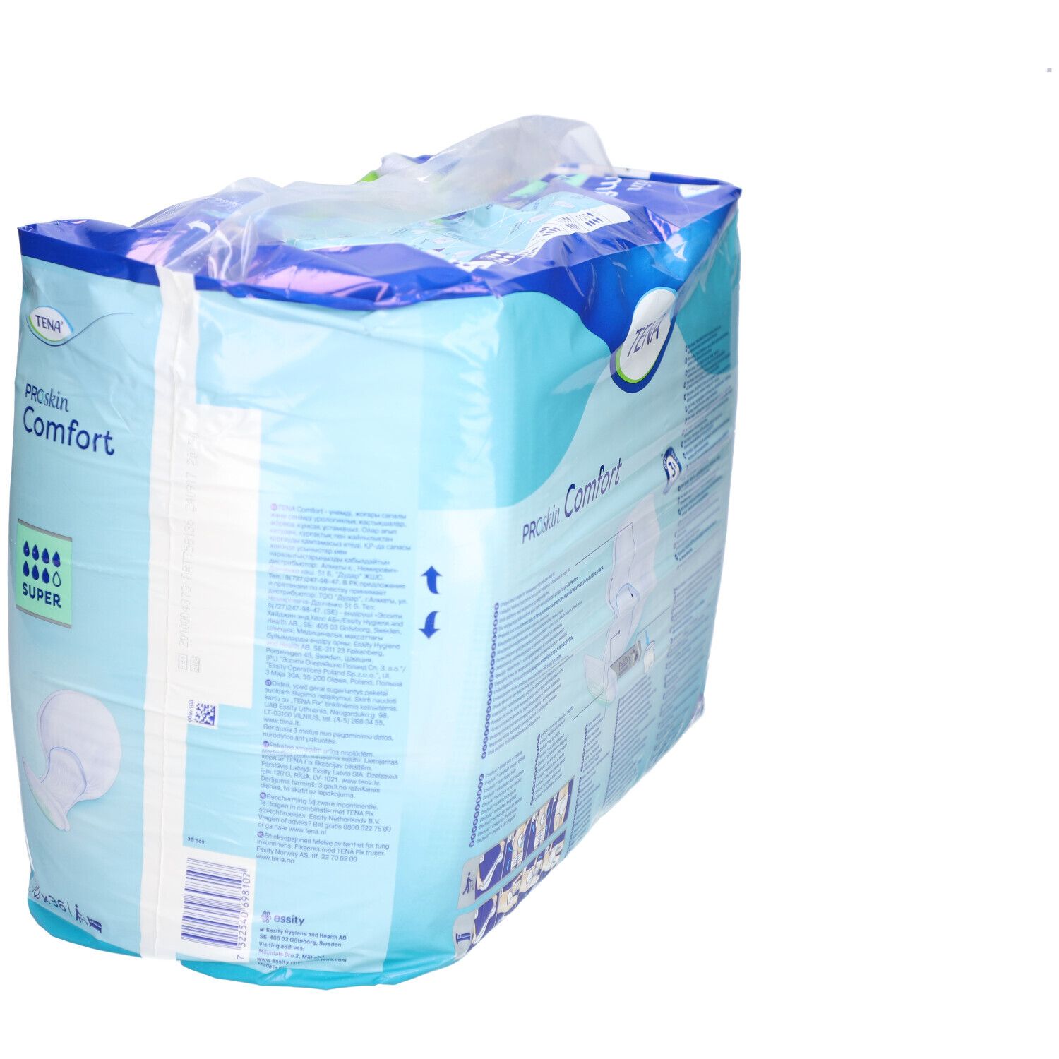 Verpackung von TENA ProSkin Comfort Super. Blaue Verpackung mit Produktbezeichnung und Saugstärken-Indikator. Enthält 36 Stück.