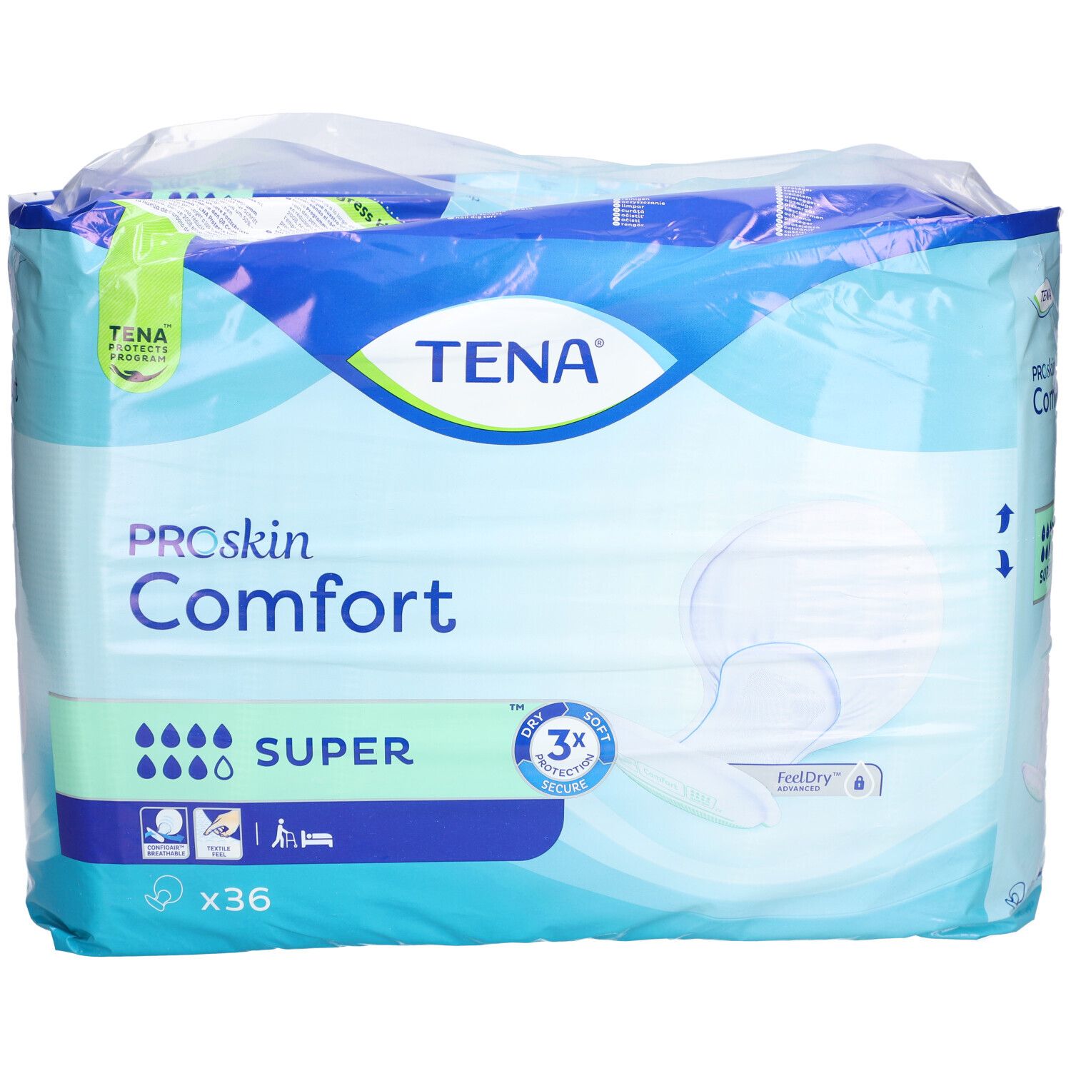 Verpackung von TENA ProSkin Comfort Super. Blaue Verpackung mit Produktbezeichnung und Saugstärken-Indikator. Enthält 36 Stück.