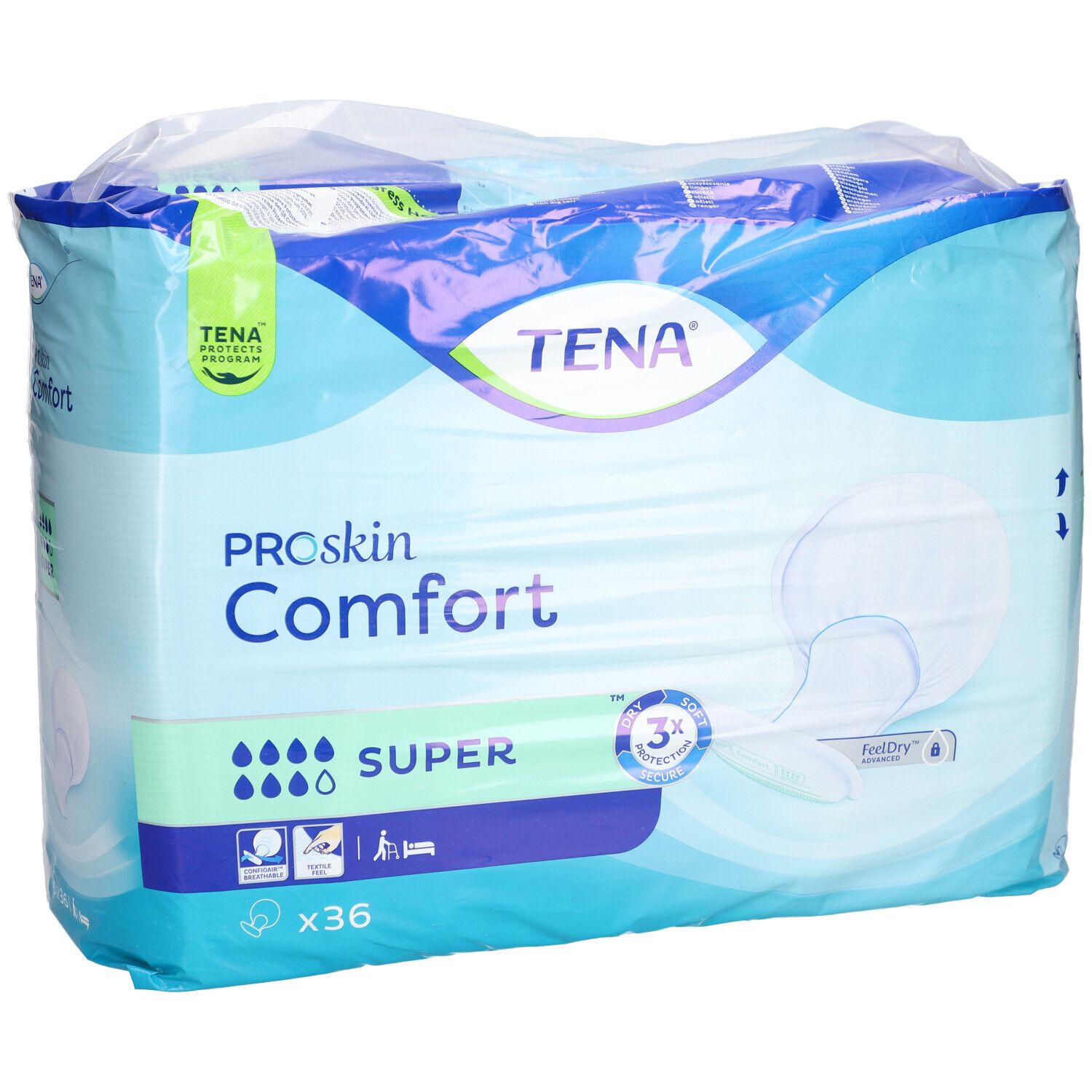 Verpackung von TENA ProSkin Comfort Super. Blaue Verpackung mit Produktbezeichnung und Saugstärken-Indikator. Enthält 36 Stück.