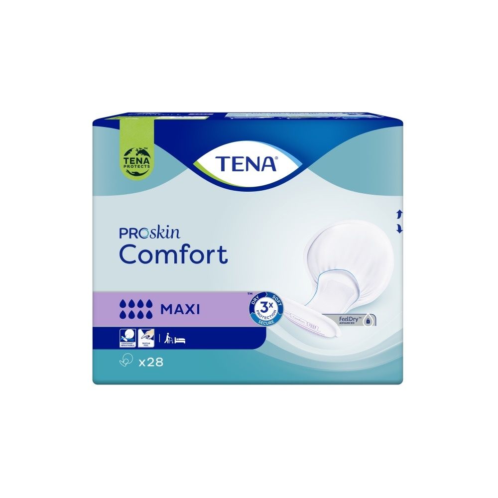 Verpackung von TENA ProSkin Comfort Maxi Vorlagen. Blaue und weiße Verpackung mit Produktbezeichnung und Logo. Enthält 28 Stück.
