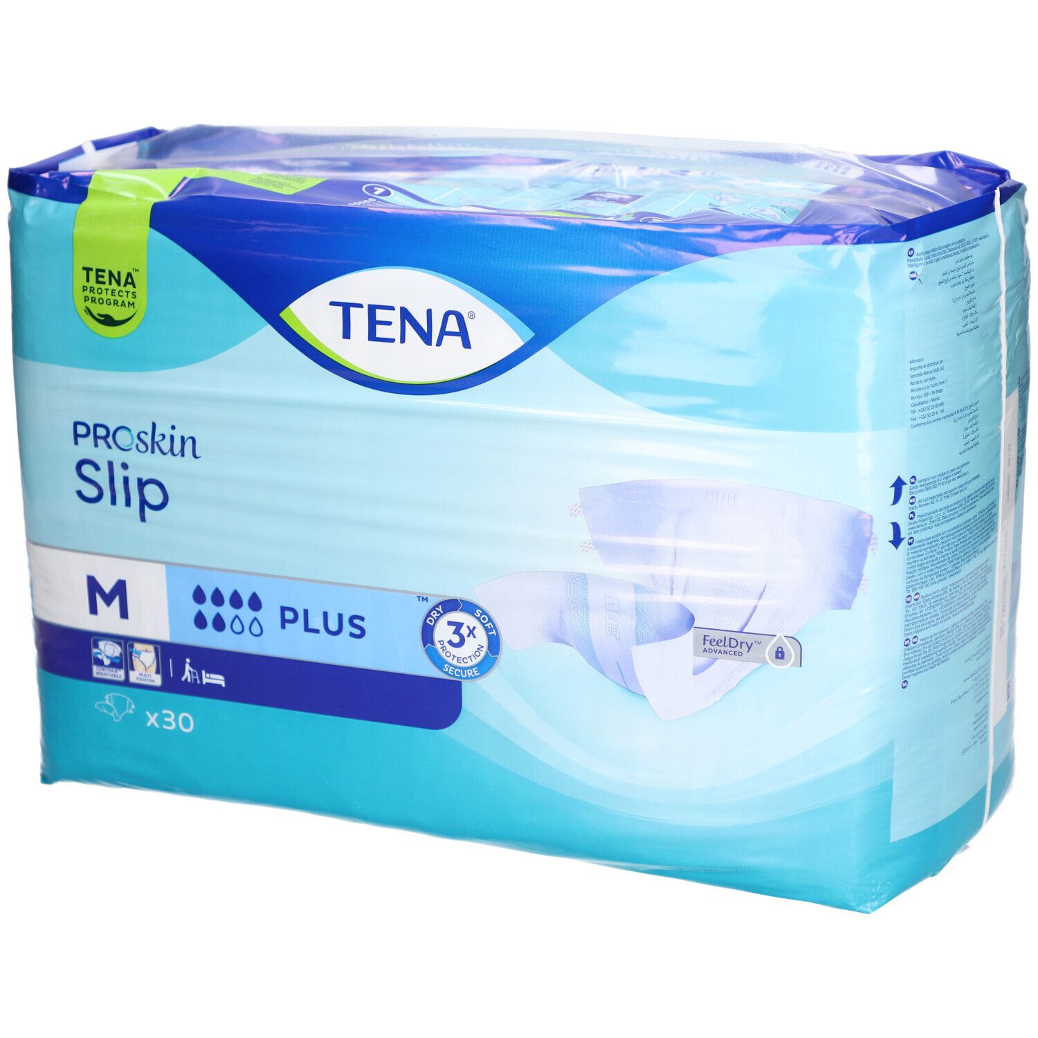 Verpackung von TENA ProSkin Slip M. Blaue Verpackung mit Produktbezeichnung, Größe M und Saugstärke.
