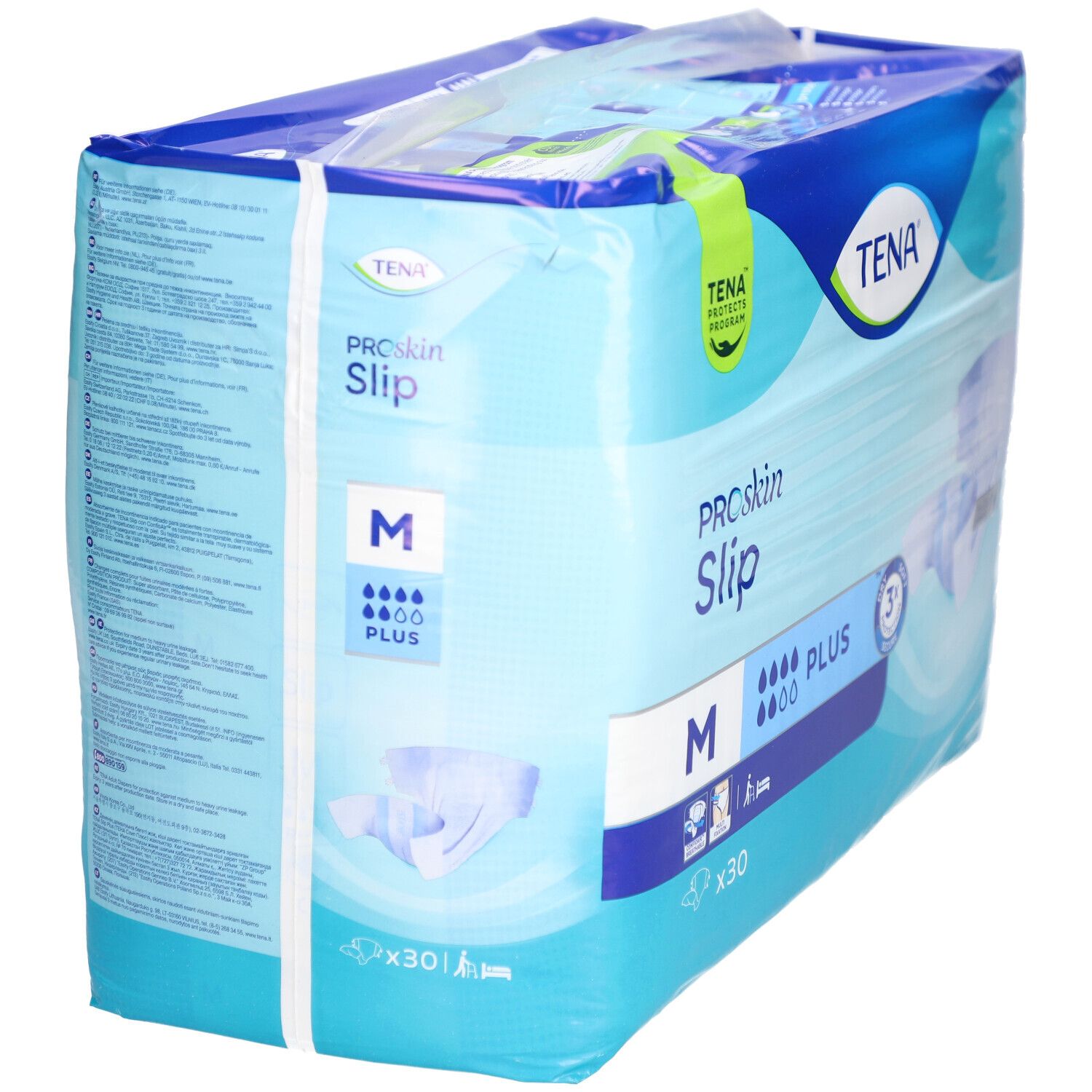 Verpackung von TENA ProSkin Slip M. Blaue Verpackung, Produktname, Größe M und Saugstärke sind sichtbar.