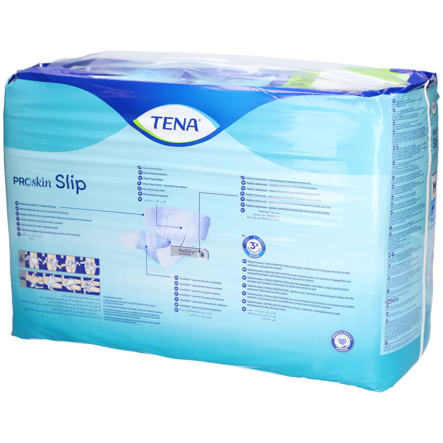Rückseite der TENA ProSkin Slip M Verpackung. Blaue Verpackung mit Produktinformationen und Piktogrammen.