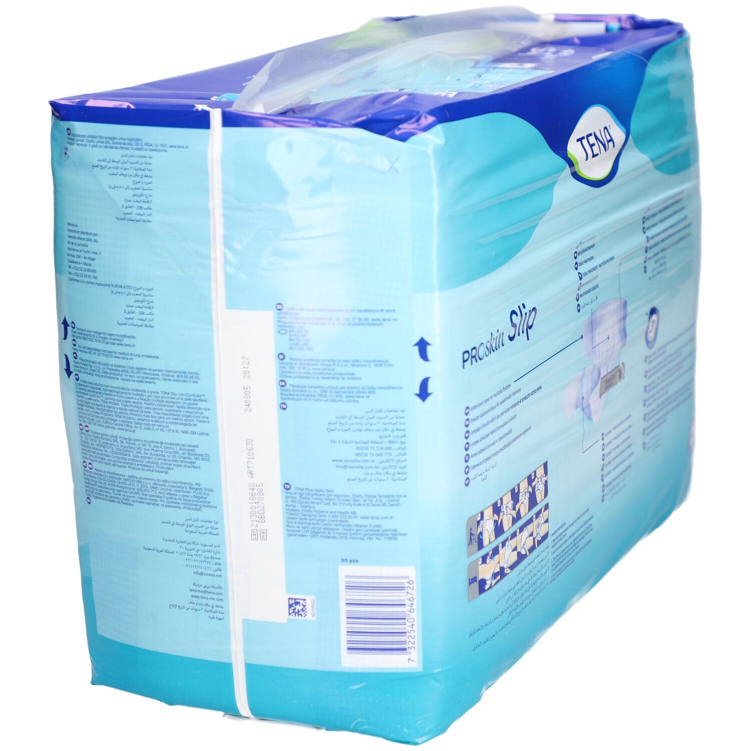 Schrägansicht der TENA ProSkin Slip M Verpackung. Blaue Verpackung mit Produktinformationen und Barcode.