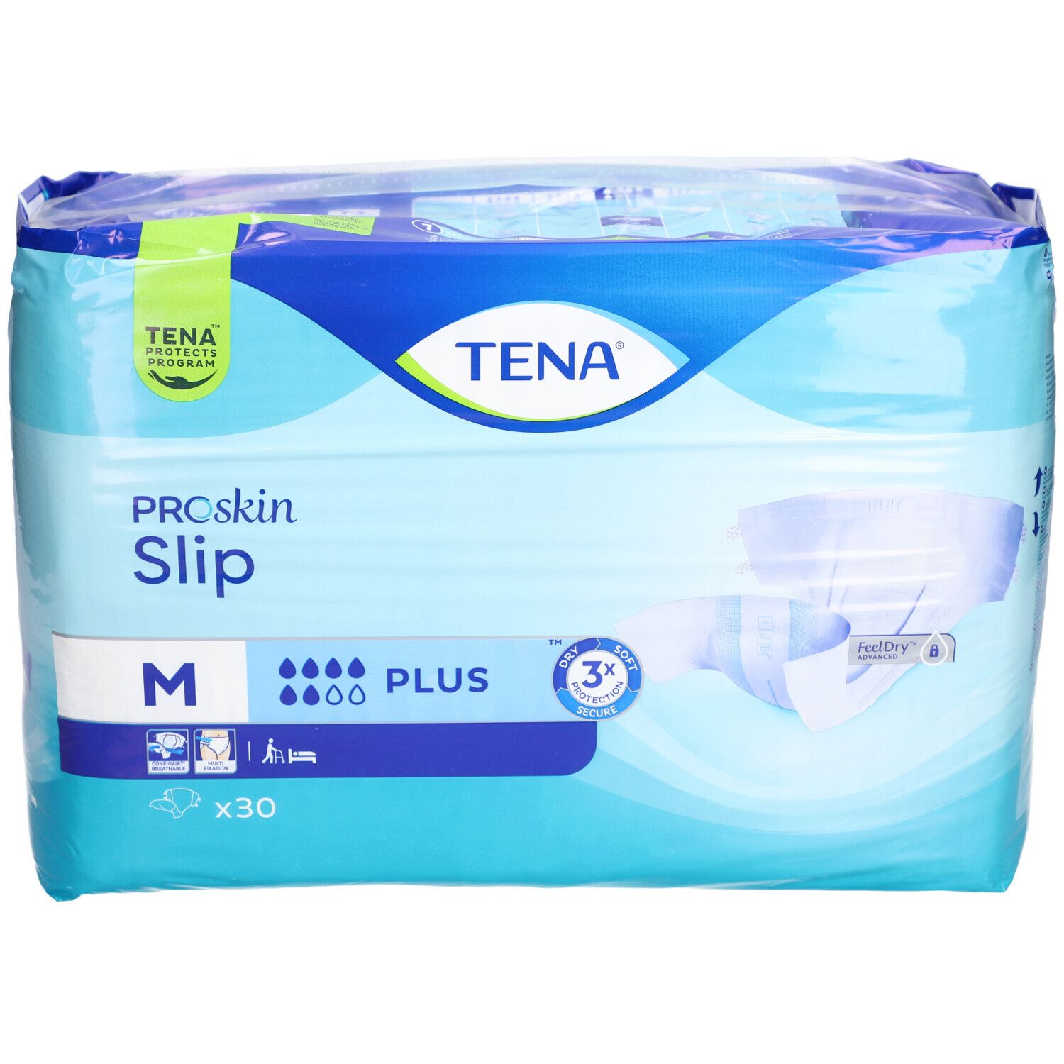 Verpackung von TENA ProSkin Slip M. Blaue Verpackung mit Produktbezeichnung, Größe M und Saugstärke.