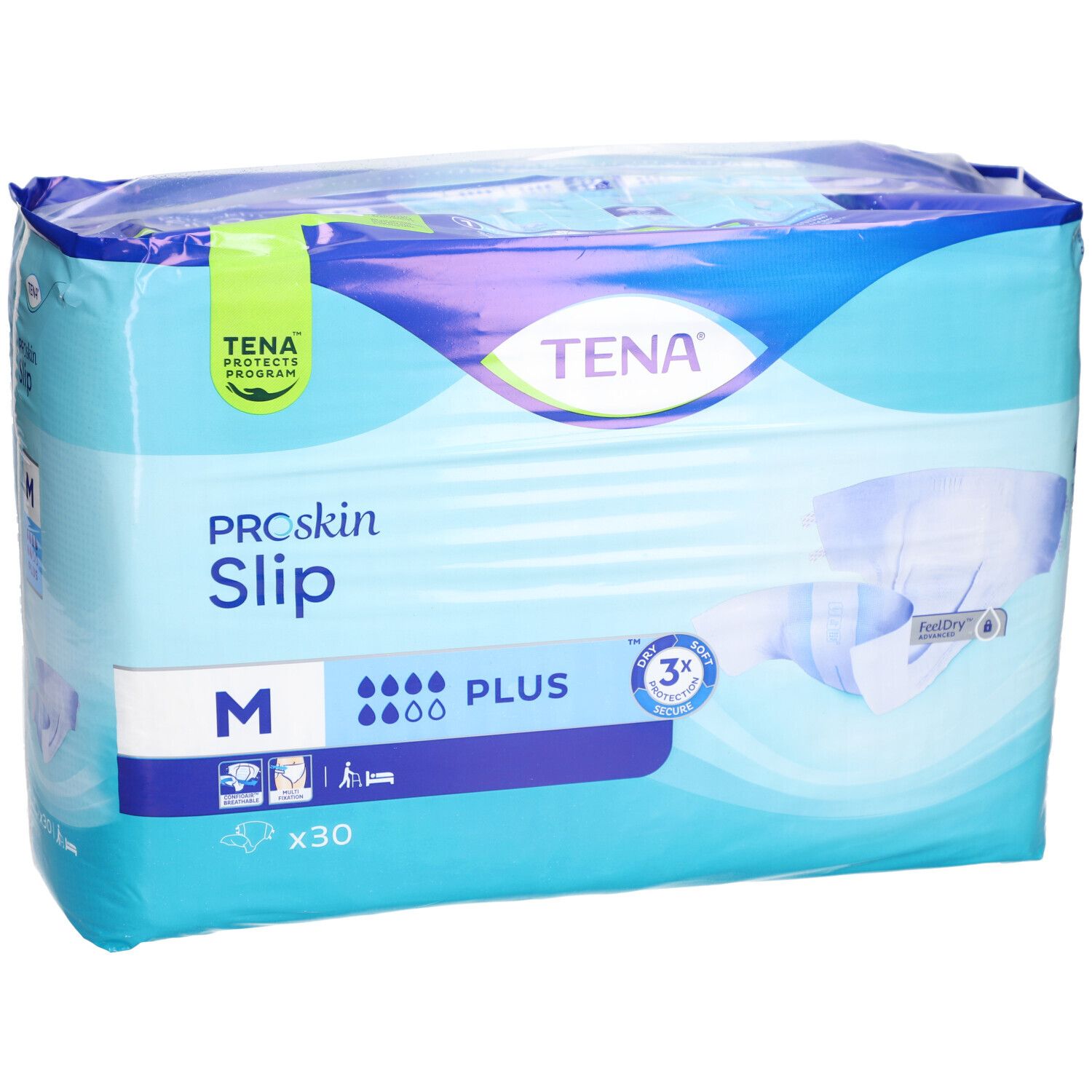 Verpackung von TENA ProSkin Slip M. Blaue Verpackung mit Produktbezeichnung, Größe M und Saugstärke.