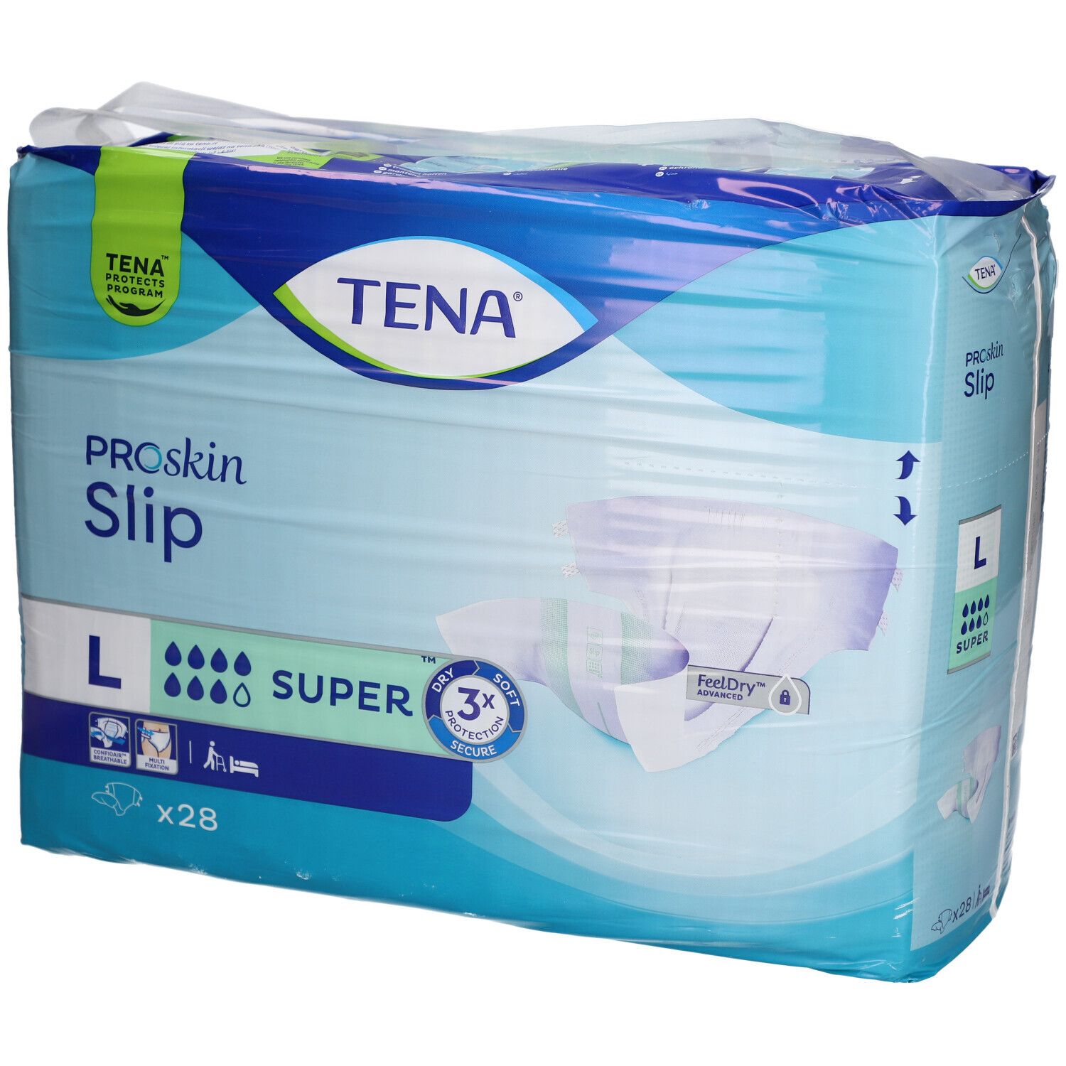 Verpackung von TENA ProSkin Slip Super Gr. L. Blaue Verpackung mit Produktbezeichnung, Saugstärke-Indikator und Größe L. Enthält 28 Stück.